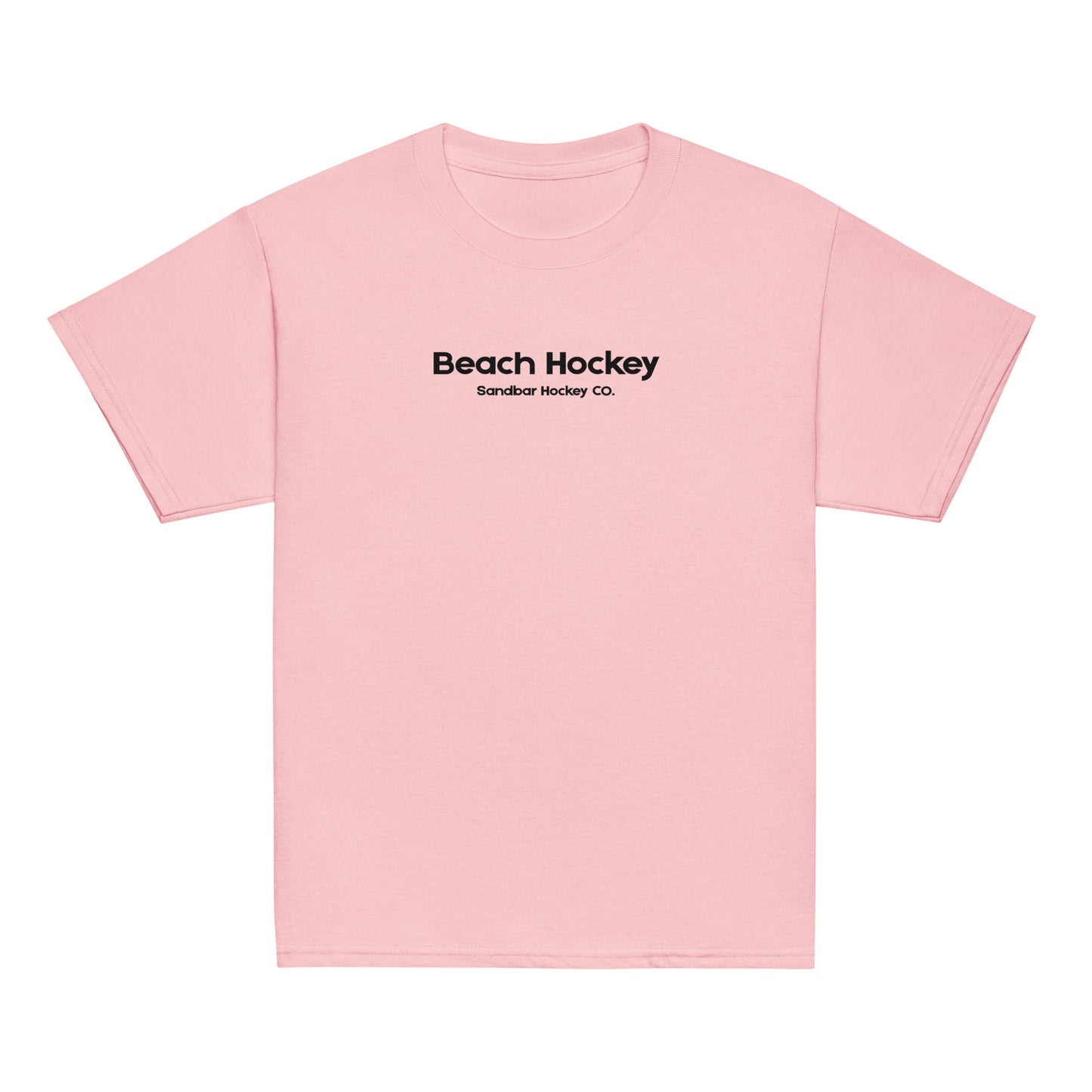 Light pink youth beach hockey t-shirt front view with Beach Hockey Sandbar Hockey Co. text on the chest.