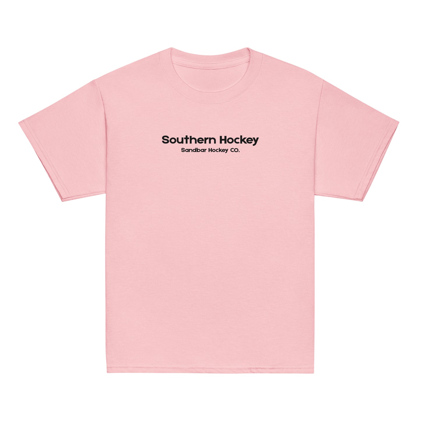Light pink youth southern hockey t-shirt front view with Southern Hockey Sandbar Hockey Co. text on the chest.