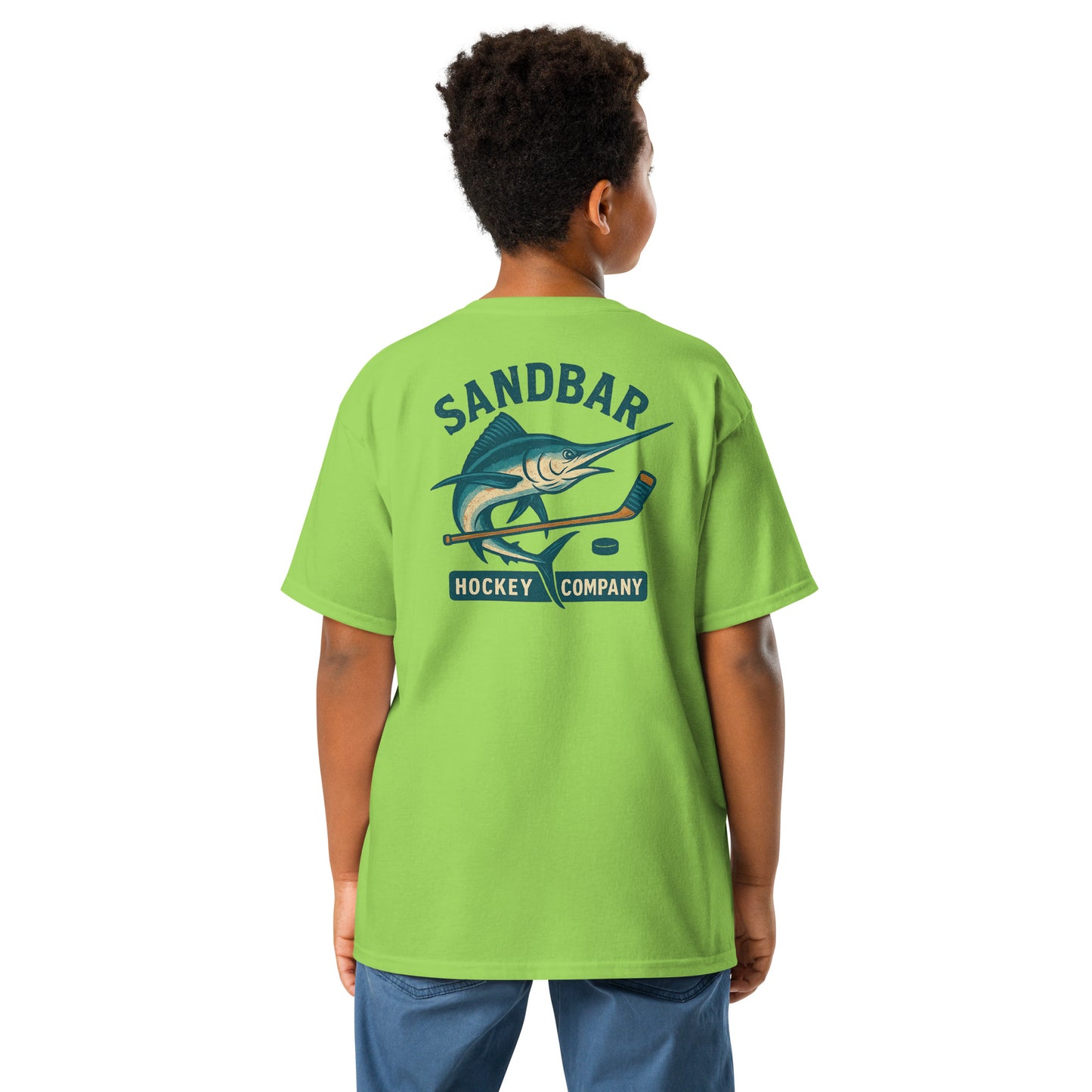 Lime green youth hockey t-shirt back side on model with marlin and hockey stick graphic and Sandbar Hockey Company text