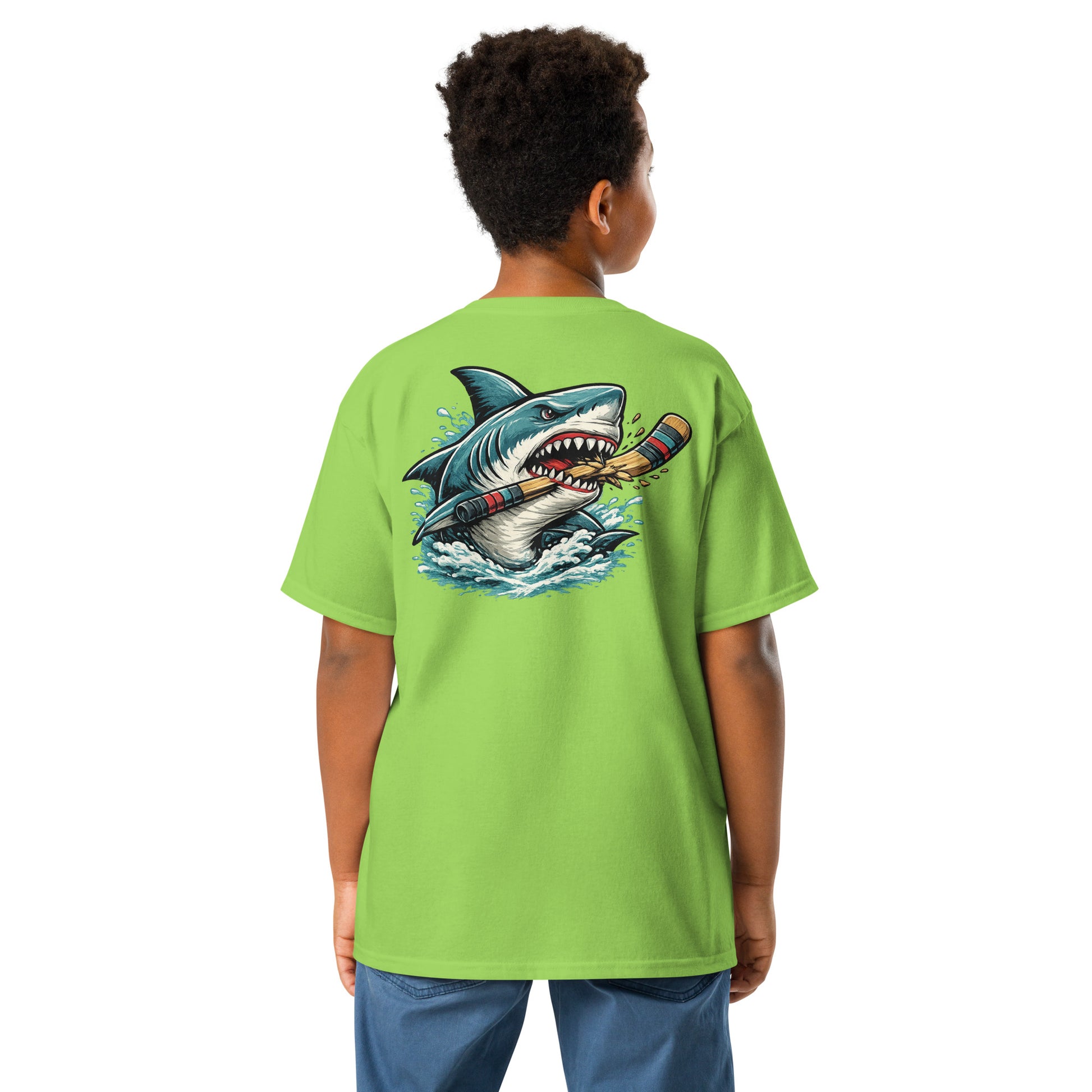 Youth Green Shark Hockey T-Shirt Back