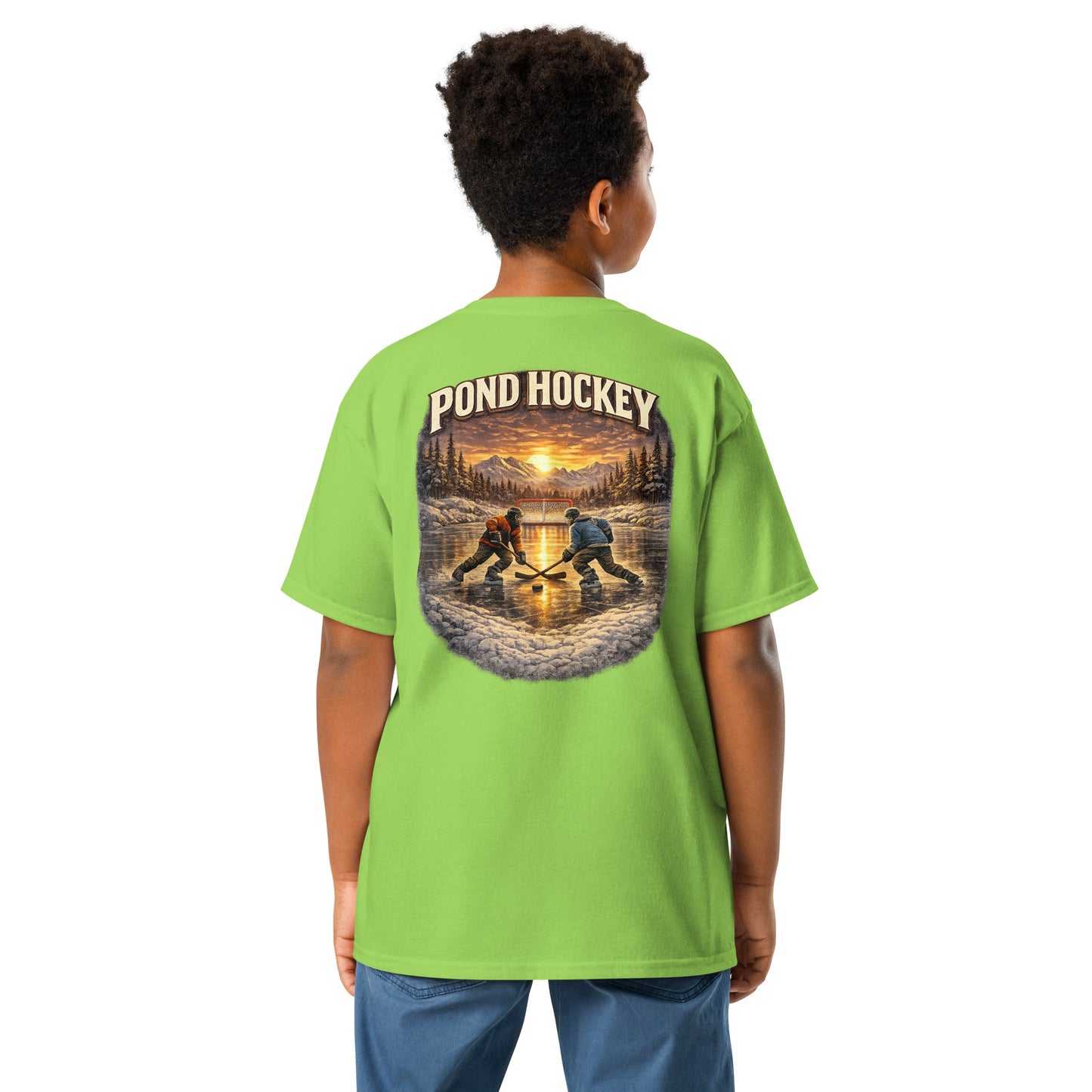 Green youth T-shirt with a large back graphic showing two hockey players on a frozen pond at sunset, with mountains, pine trees, a goal net, and “POND HOCKEY” in bold lettering above.