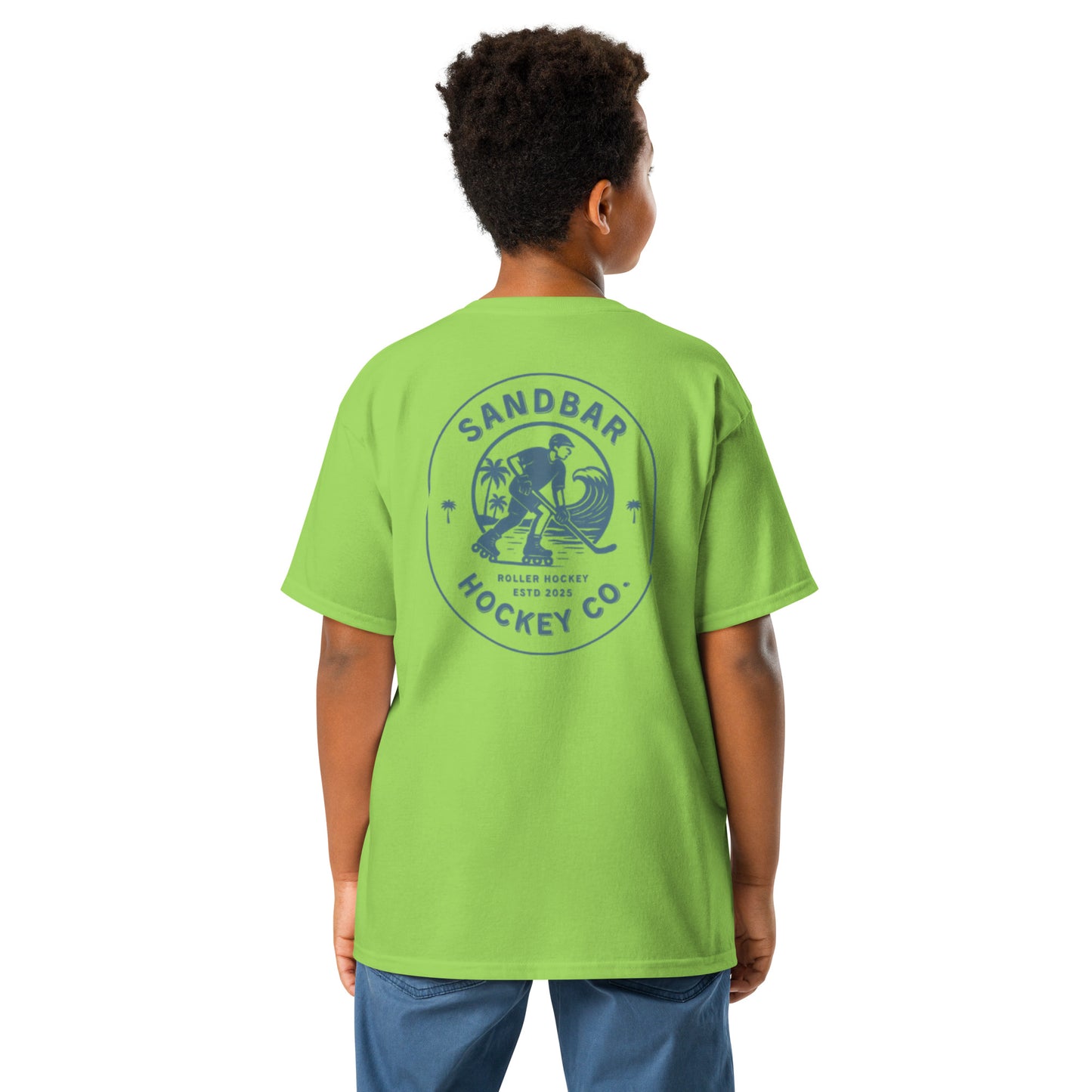 Youth Sandbar Hockey lime green t-shirt back view with circular roller hockey beach graphic