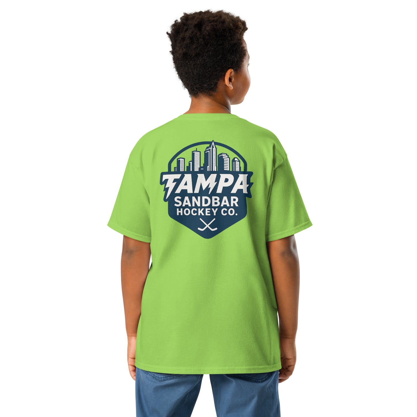 Youth Sandbar Hockey Tampa Skyline lime green t-shirt back view with large Tampa skyline hockey graphic