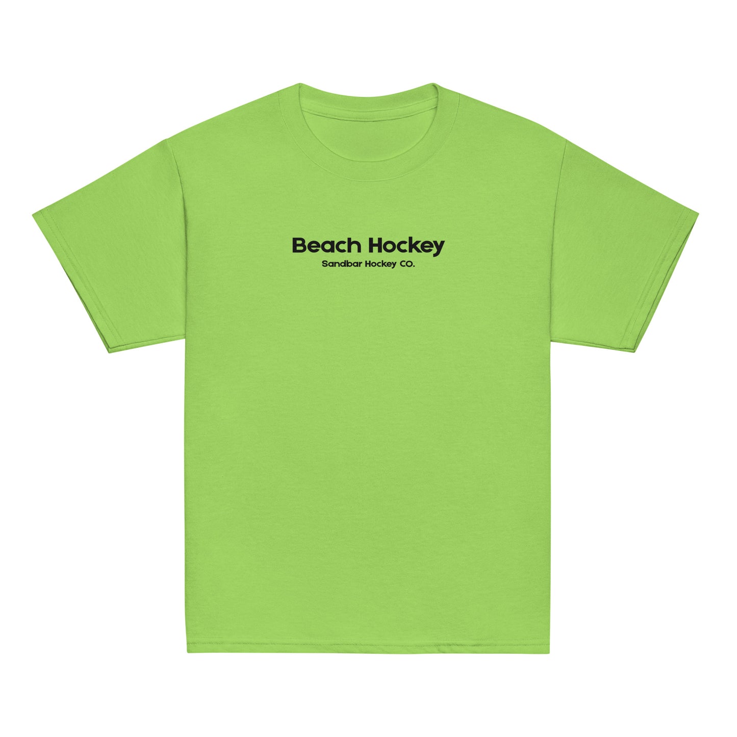 Lime green youth beach hockey t-shirt front view with Beach Hockey Sandbar Hockey Co. text on the chest.