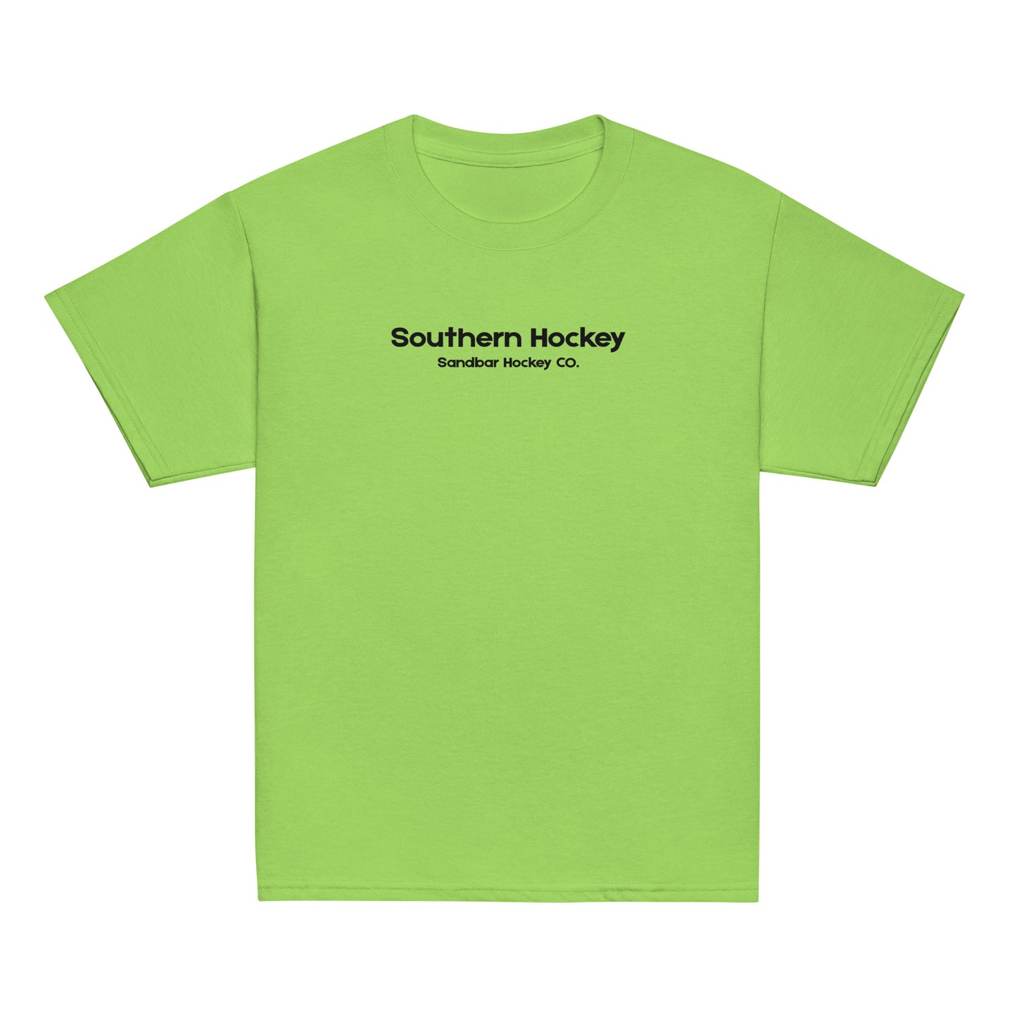Lime green youth southern hockey t-shirt front view with Southern Hockey Sandbar Hockey Co. text on the chest.