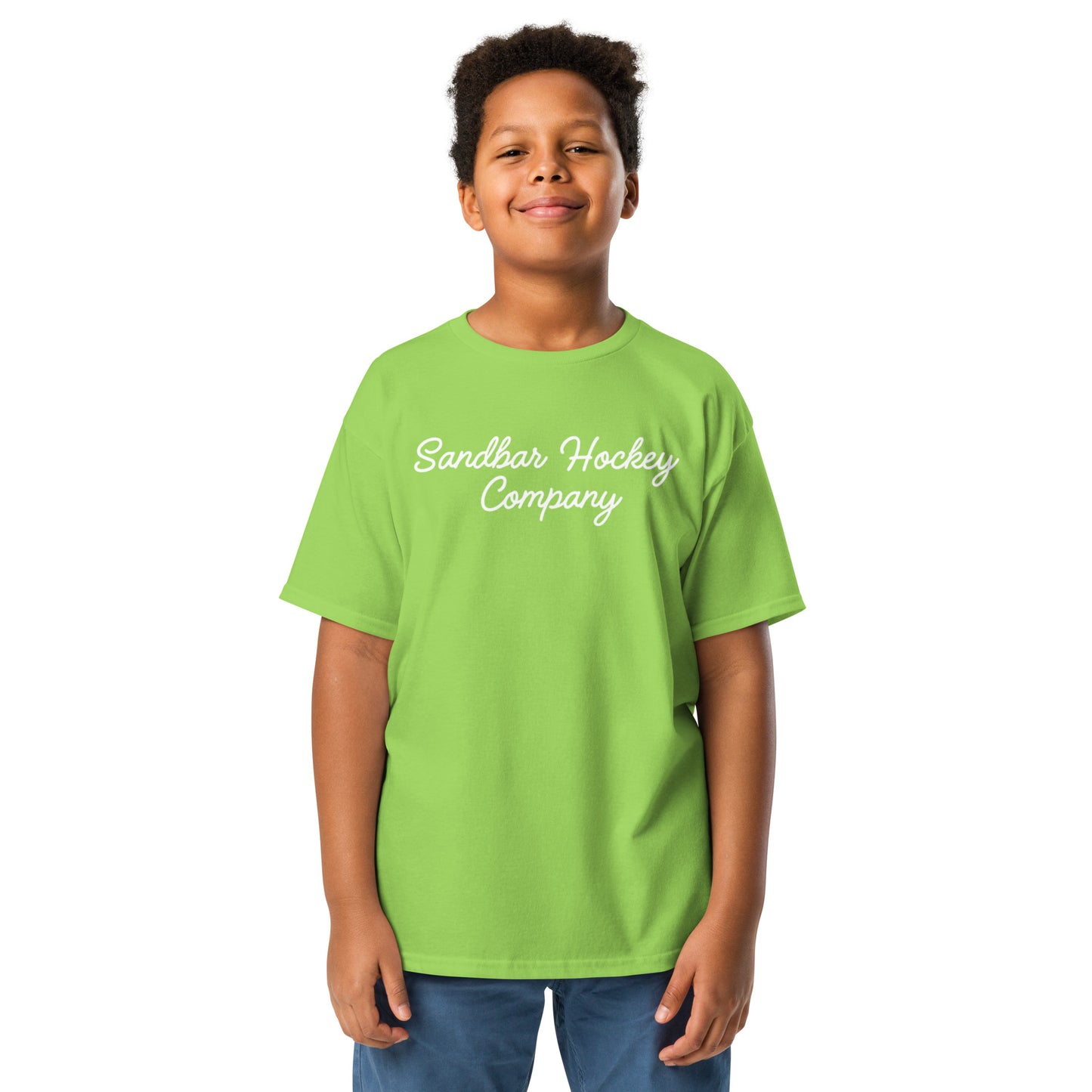 Green youth T-shirt with “Sandbar Hockey Company” printed in white script across the front chest.