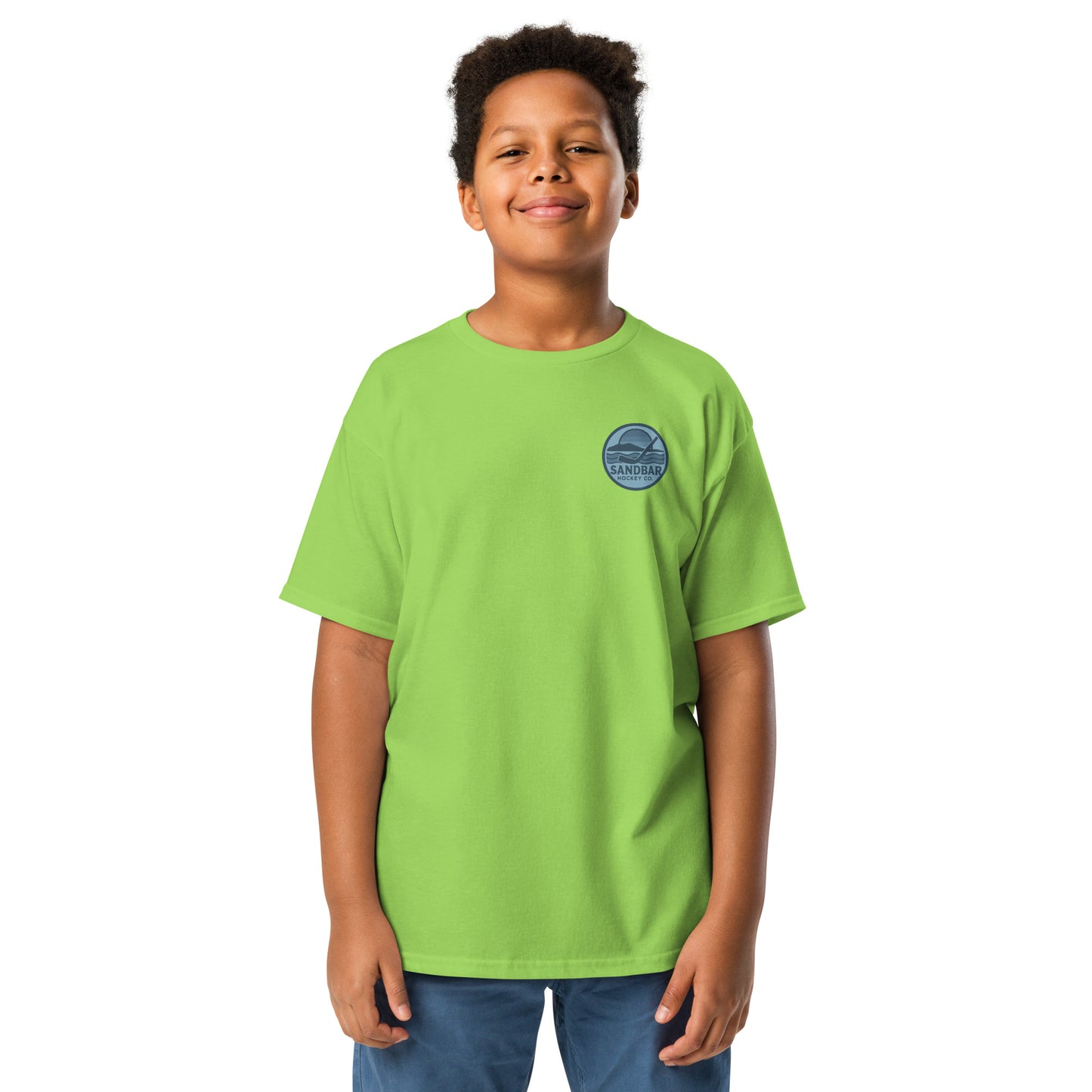 Youth Sandbar Hockey lime green t-shirt front view with small chest roller hockey logo