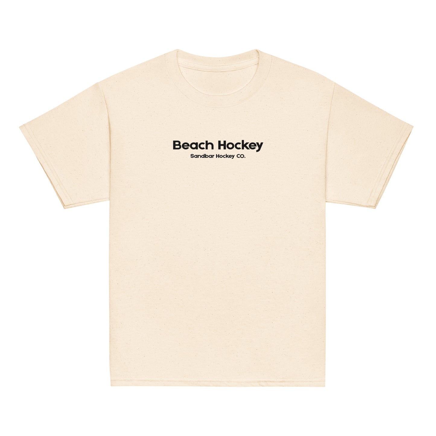 Cream youth beach hockey t-shirt front view with Beach Hockey Sandbar Hockey Co. text on the chest.