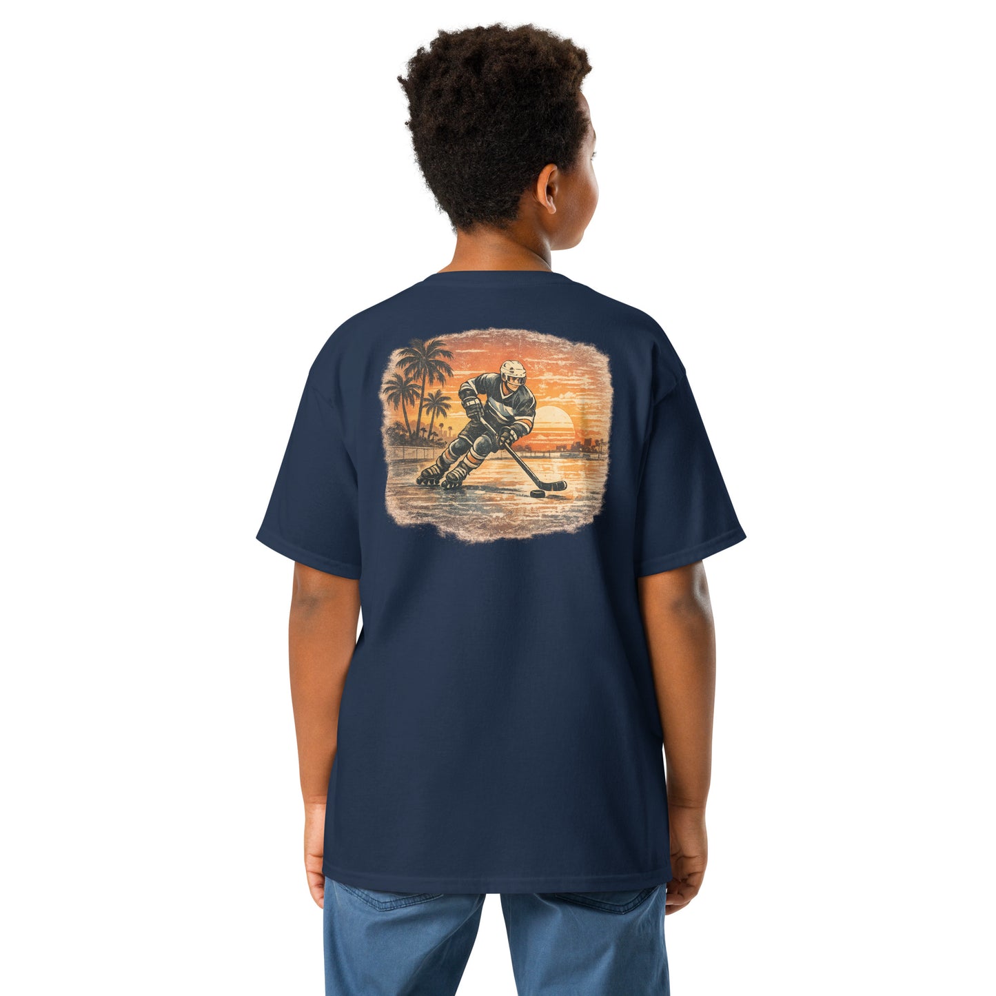 Youth navy blue Sunset Glide Roller Hockey T-Shirt with large vintage sunset roller hockey back graphic
