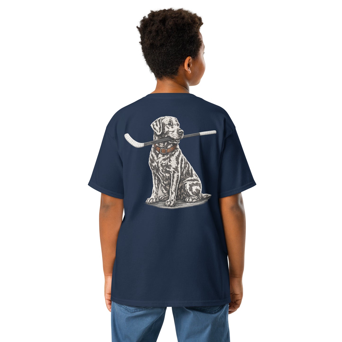Navy blue youth hockey t-shirt shown from the back on a child model, featuring the large dog-with-hockey-stick back graphic.