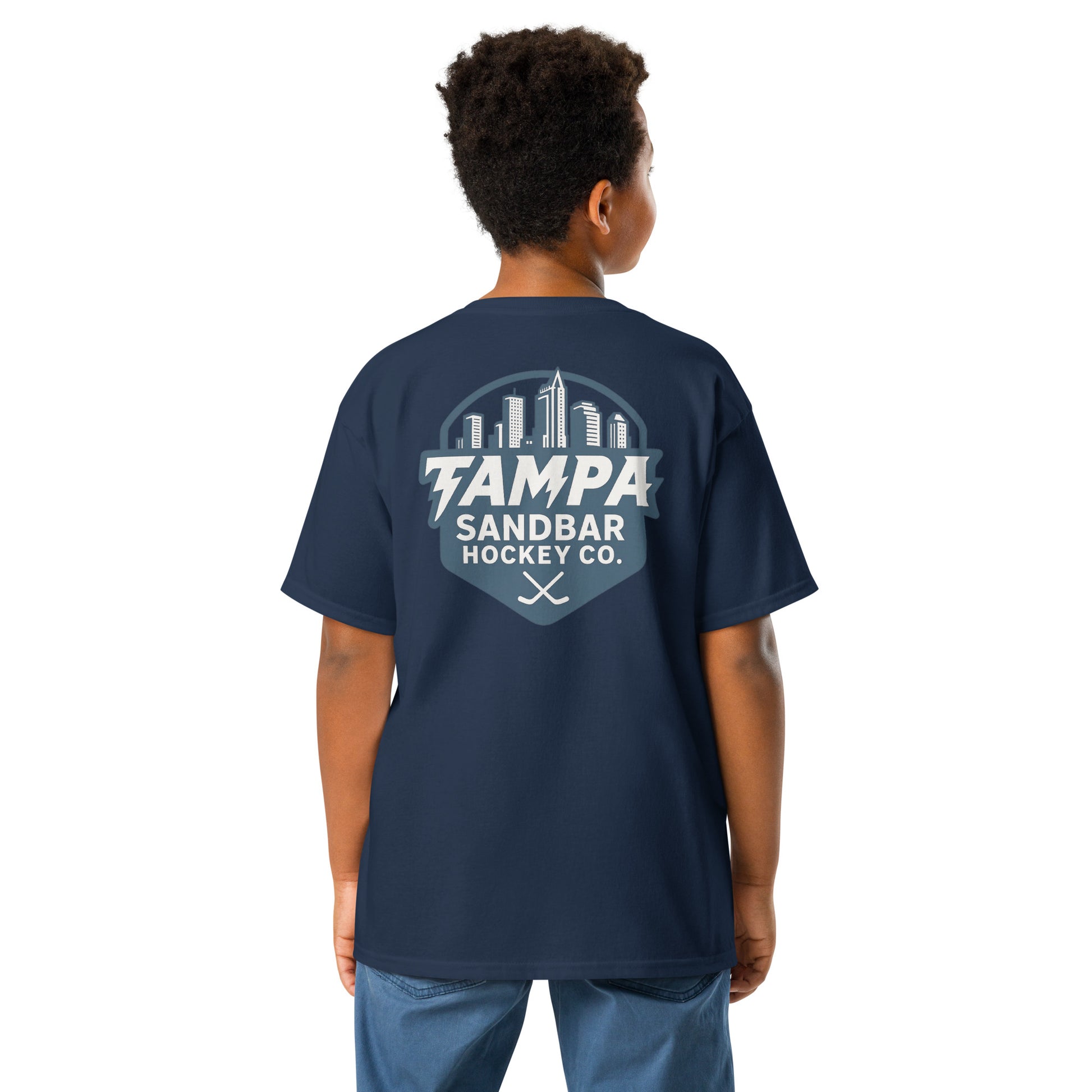 Youth Sandbar Hockey Tampa Skyline navy t-shirt back view with large Tampa skyline hockey graphic