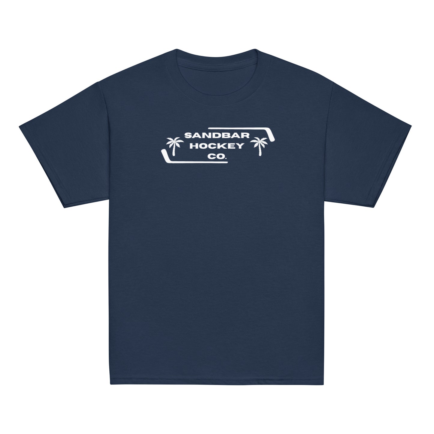 Navy blue Palm Frame Youth T-Shirt with white Sandbar Hockey Co. palm frame front logo