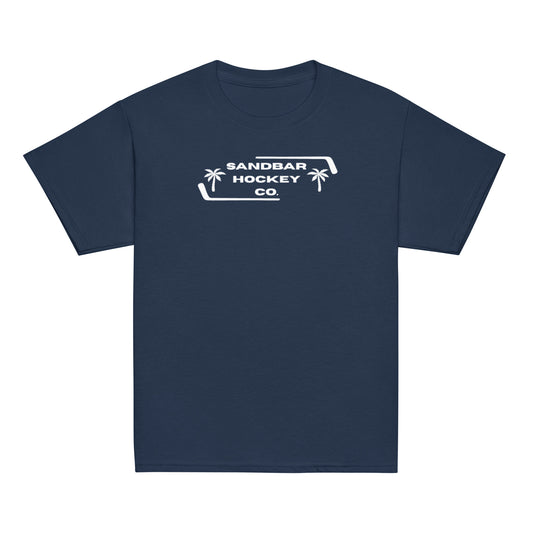 Navy blue Palm Frame Youth T-Shirt with white Sandbar Hockey Co. palm frame front logo