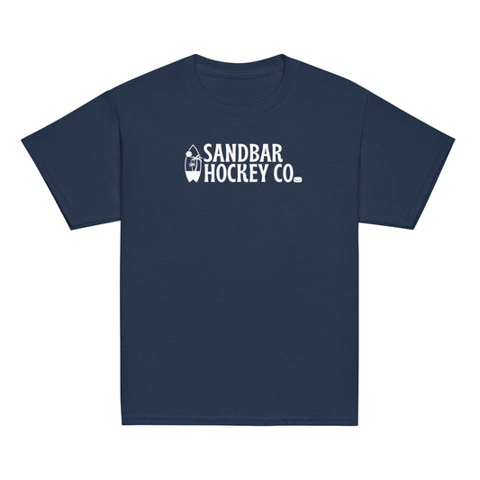 Navy blue youth Surfside Hockey T-Shirt with white Sandbar Hockey Co. surfboard back logo