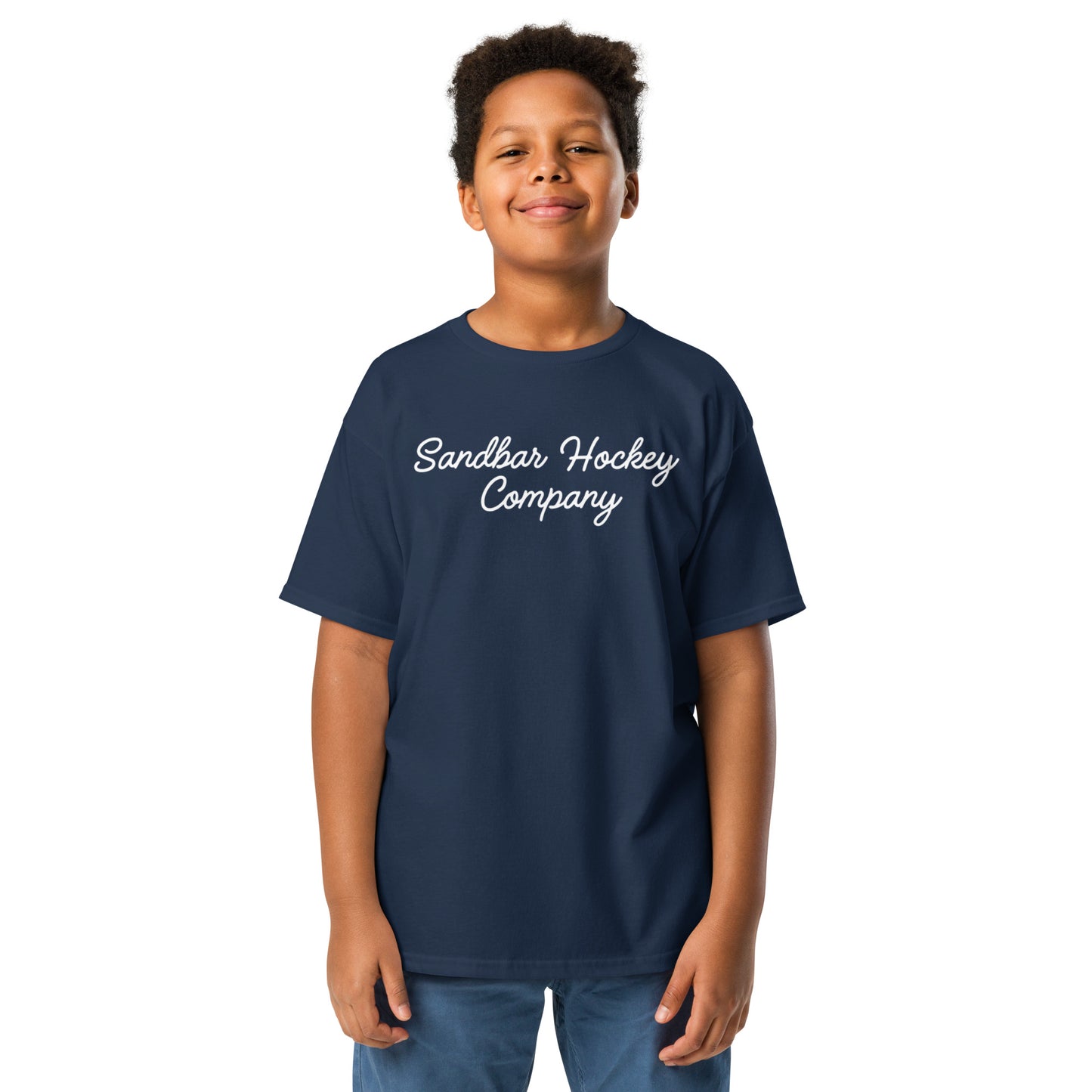 Navy blue youth T-shirt with “Sandbar Hockey Company” printed in white script across the front chest.