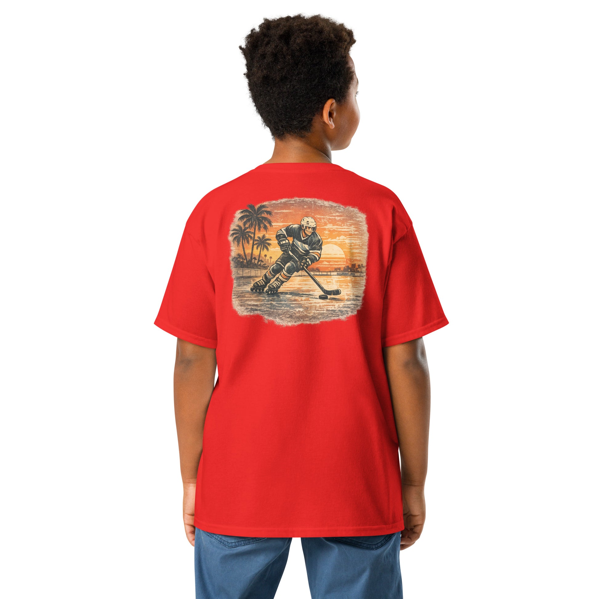 Youth red Sunset Glide Roller Hockey T-Shirt with large vintage sunset roller hockey back graphic