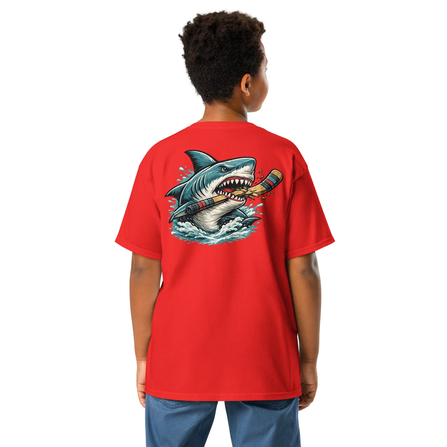 Youth Red Shark Hockey T-Shirt Back