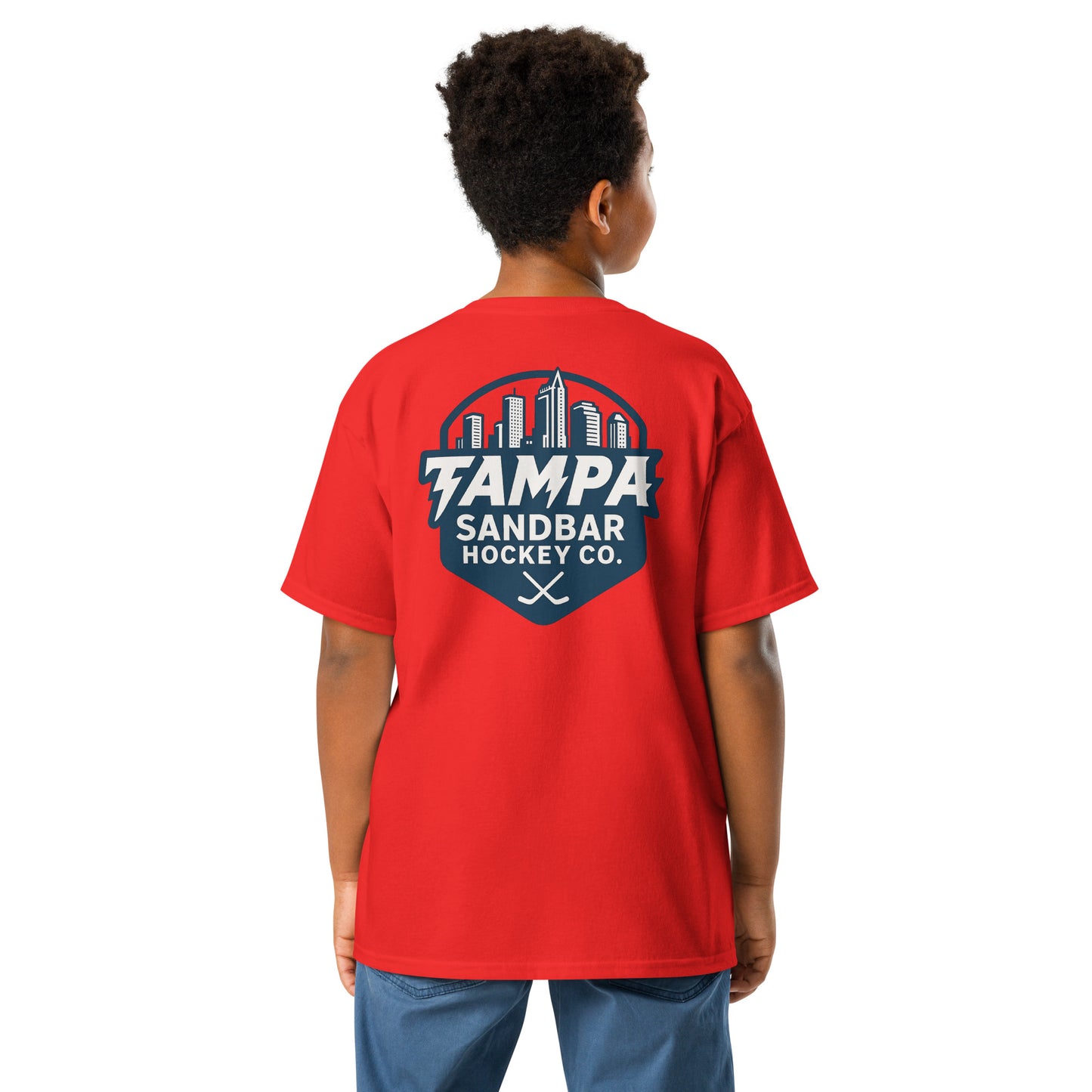 Youth Sandbar Hockey Tampa Skyline red t-shirt back view with large Tampa skyline hockey graphic