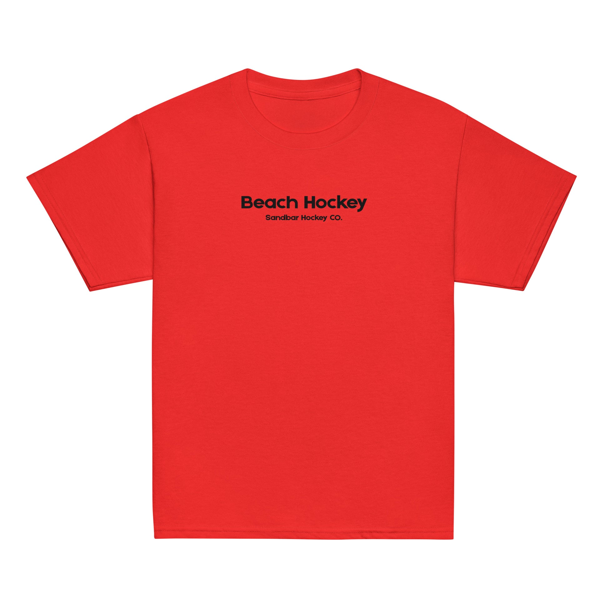 Red youth beach hockey t-shirt front view with Beach Hockey Sandbar Hockey Co. text on the chest.