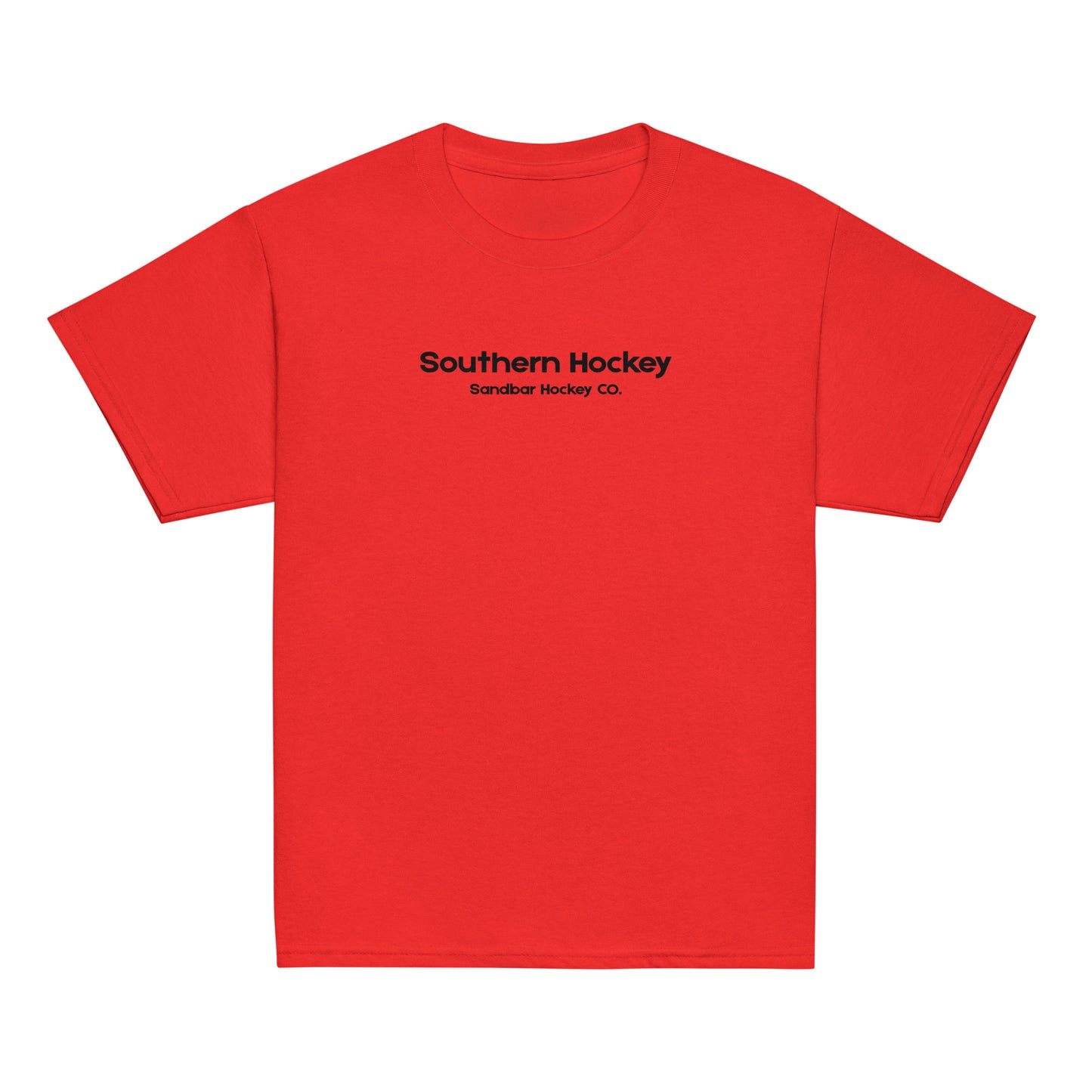 Red youth southern hockey t-shirt front view with Southern Hockey Sandbar Hockey Co. text on the chest.
