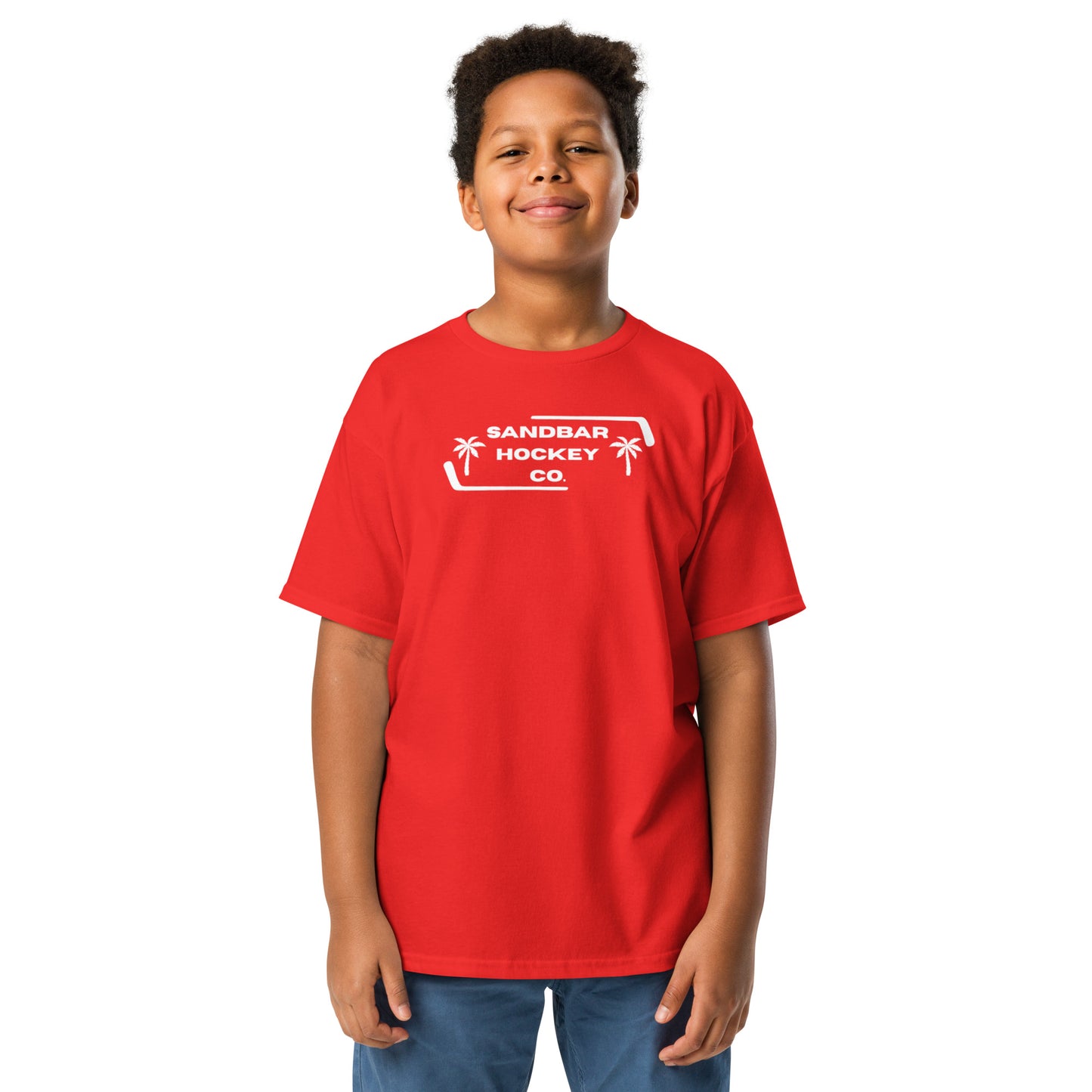 Youth red Sunset Glide Roller Hockey T-Shirt with white Sandbar Hockey Co. front logo
