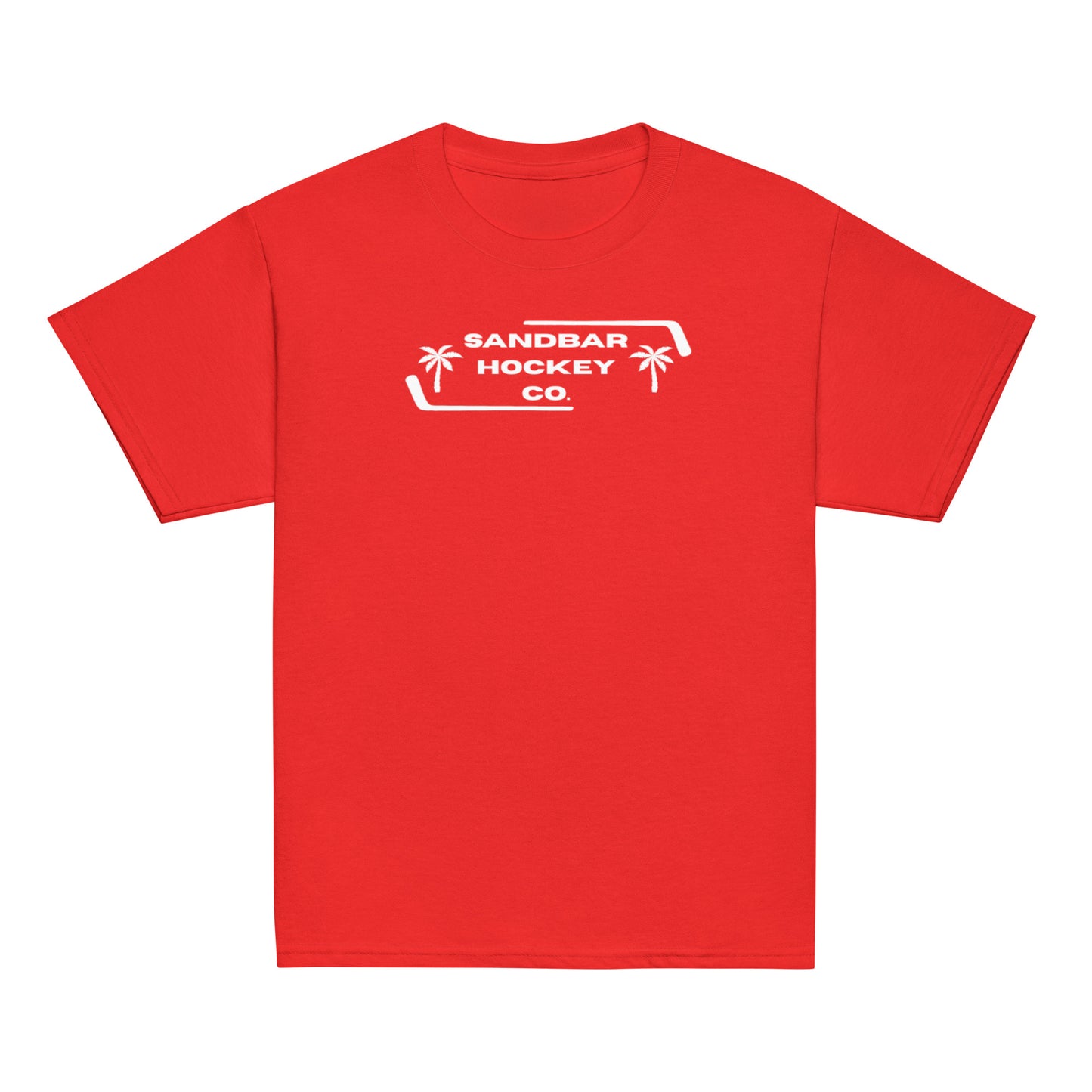 Red Palm Frame Youth T-Shirt with white Sandbar Hockey Co. palm frame front logo