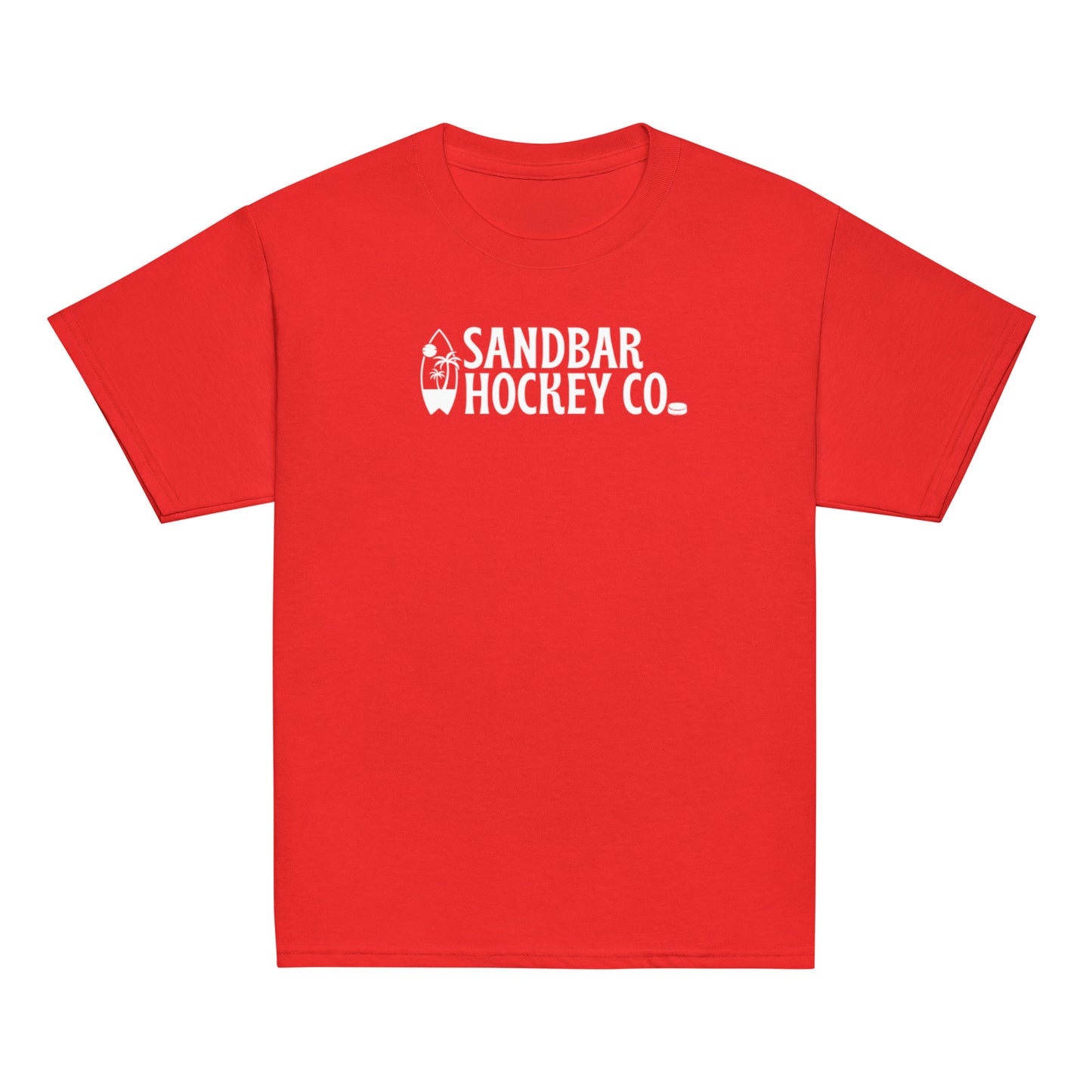 Red youth Surfside Hockey T-Shirt with white Sandbar Hockey Co. surfboard back logo