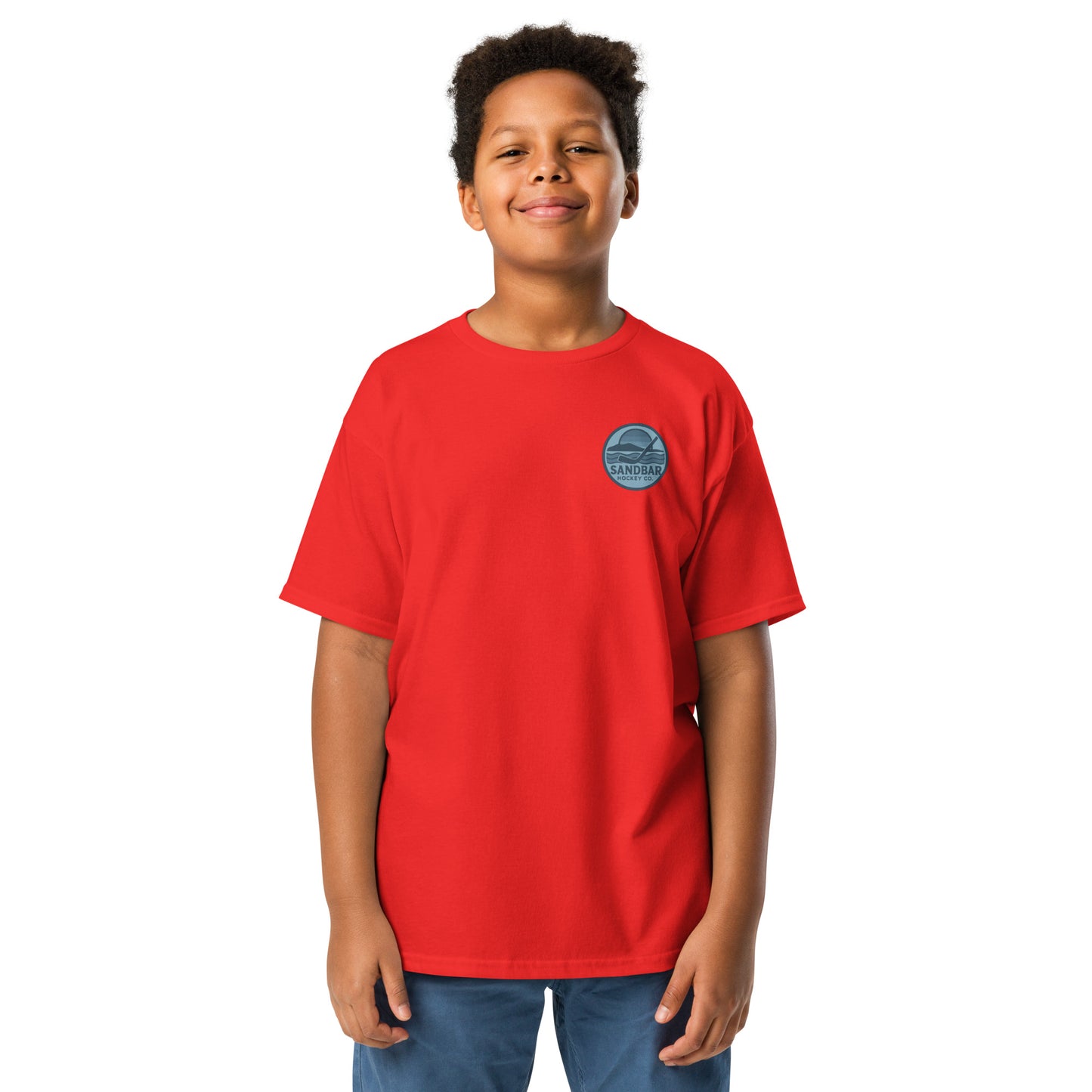 Youth Sandbar Hockey red t-shirt front view with small chest roller hockey logo