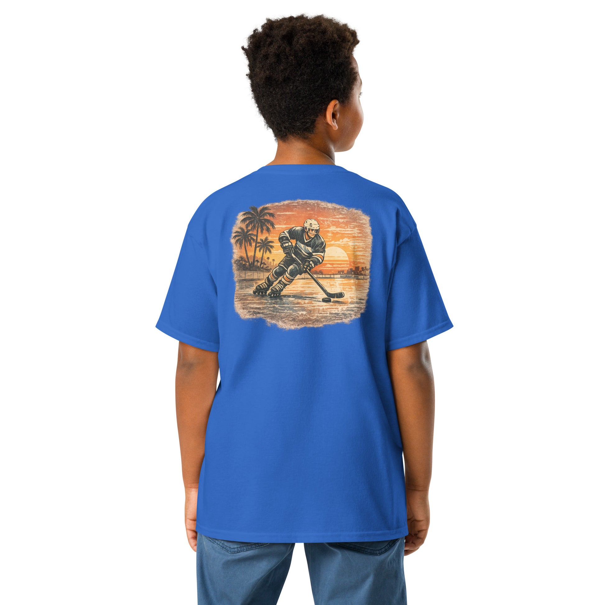 Youth royal blue Sunset Glide Roller Hockey T-Shirt with large vintage sunset roller hockey back graphic
