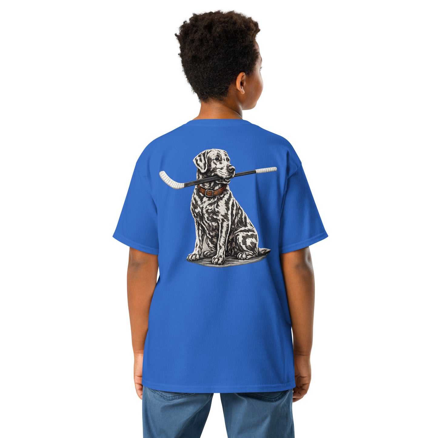 Blue youth hockey t-shirt shown from the back on a child model, featuring the large dog-with-hockey-stick back graphic.