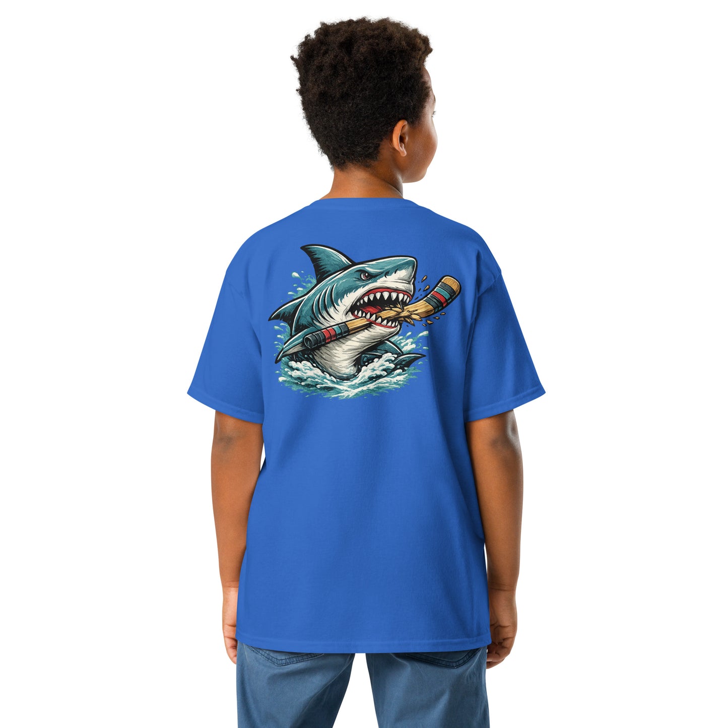 Youth Blue Shark Hockey T-Shirt Back