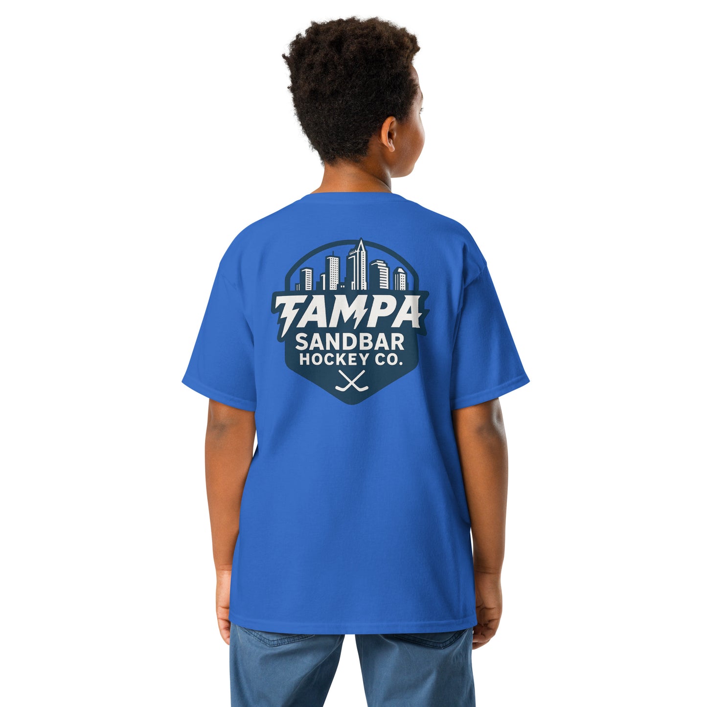 Youth Sandbar Hockey Tampa Skyline blue t-shirt back view with large Tampa skyline hockey graphic