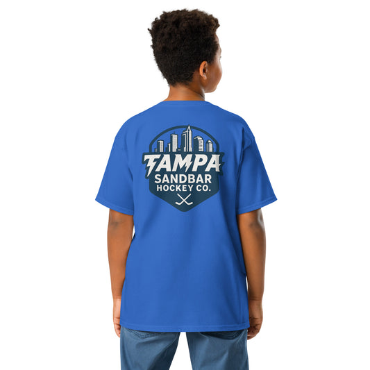 Youth Sandbar Hockey Tampa Skyline blue t-shirt back view with large Tampa skyline hockey graphic