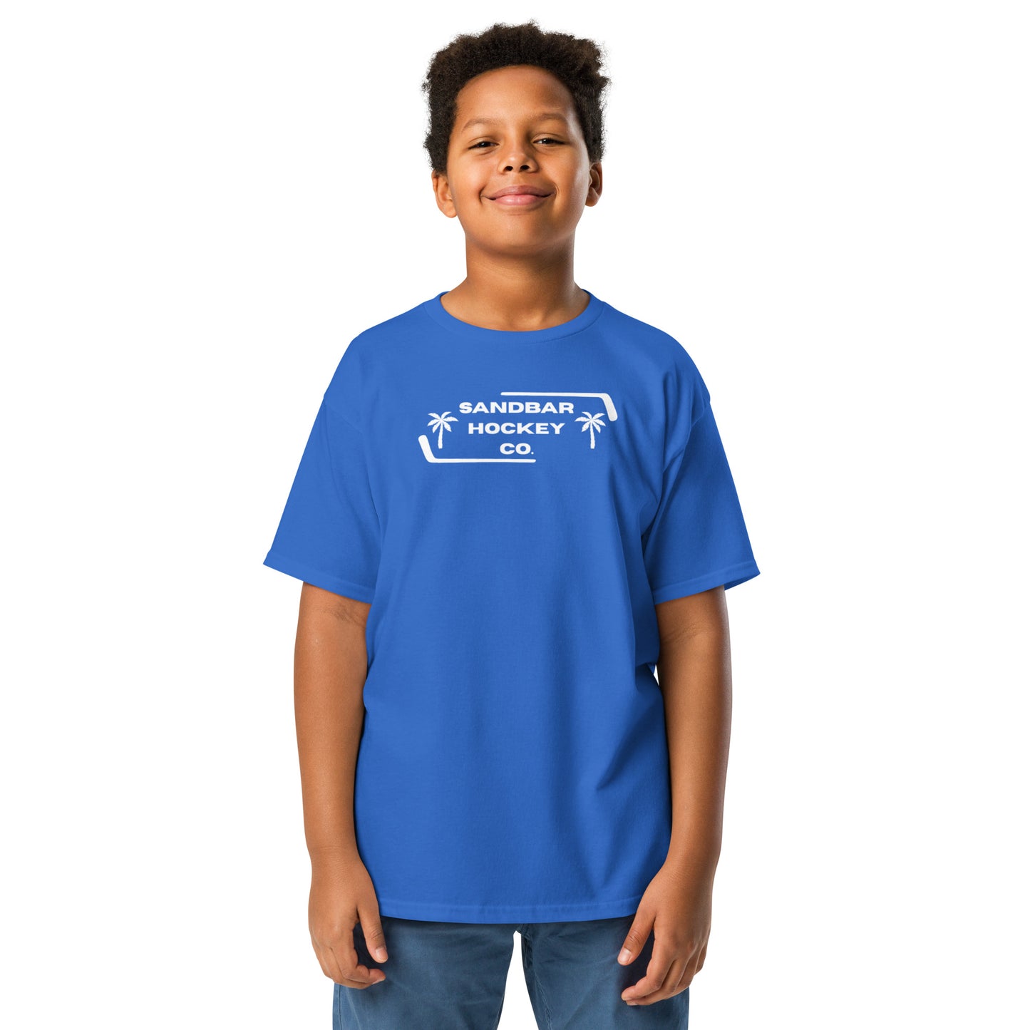 Youth royal blue Sunset Glide Roller Hockey T-Shirt with white Sandbar Hockey Co. front logo