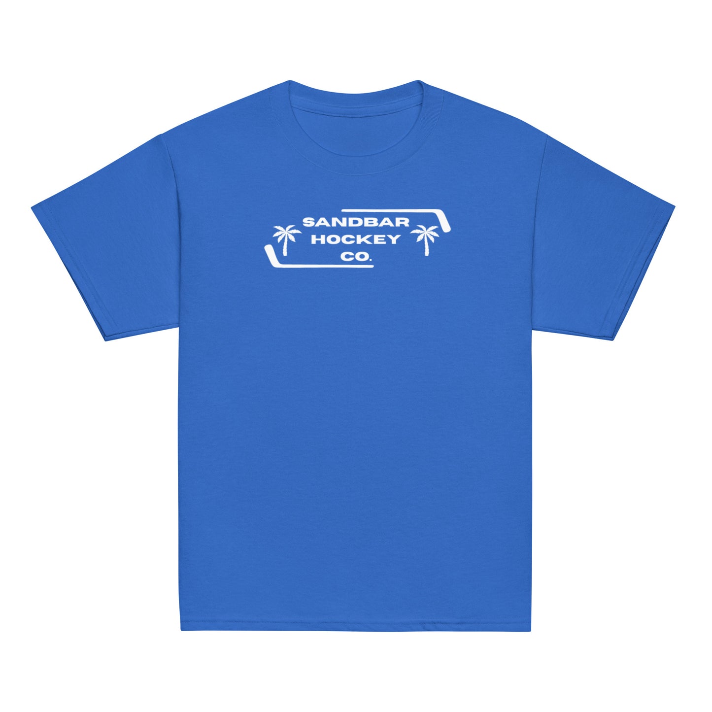Royal blue Palm Frame Youth T-Shirt with white Sandbar Hockey Co. palm frame front logo