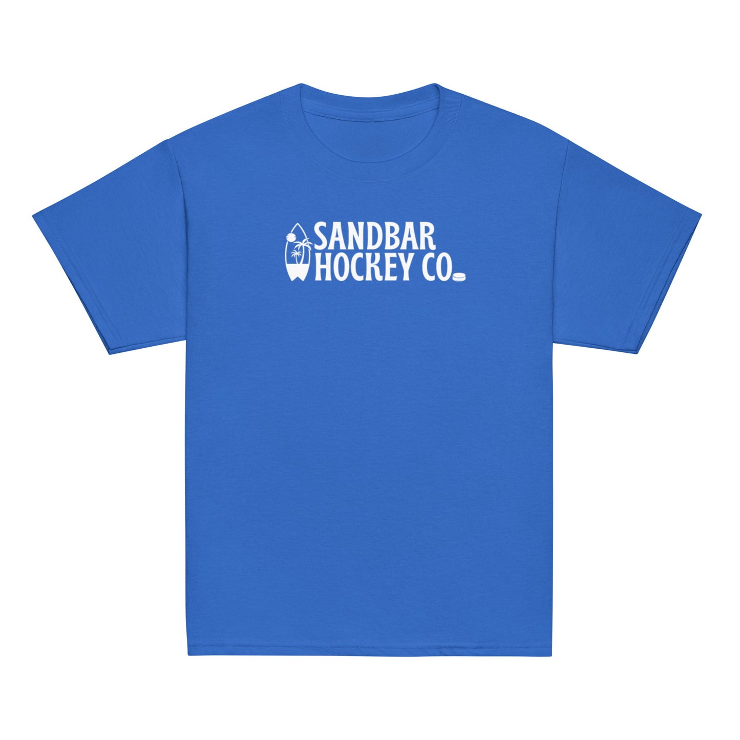 Royal blue youth Surfside Hockey T-Shirt with white Sandbar Hockey Co. surfboard back logo