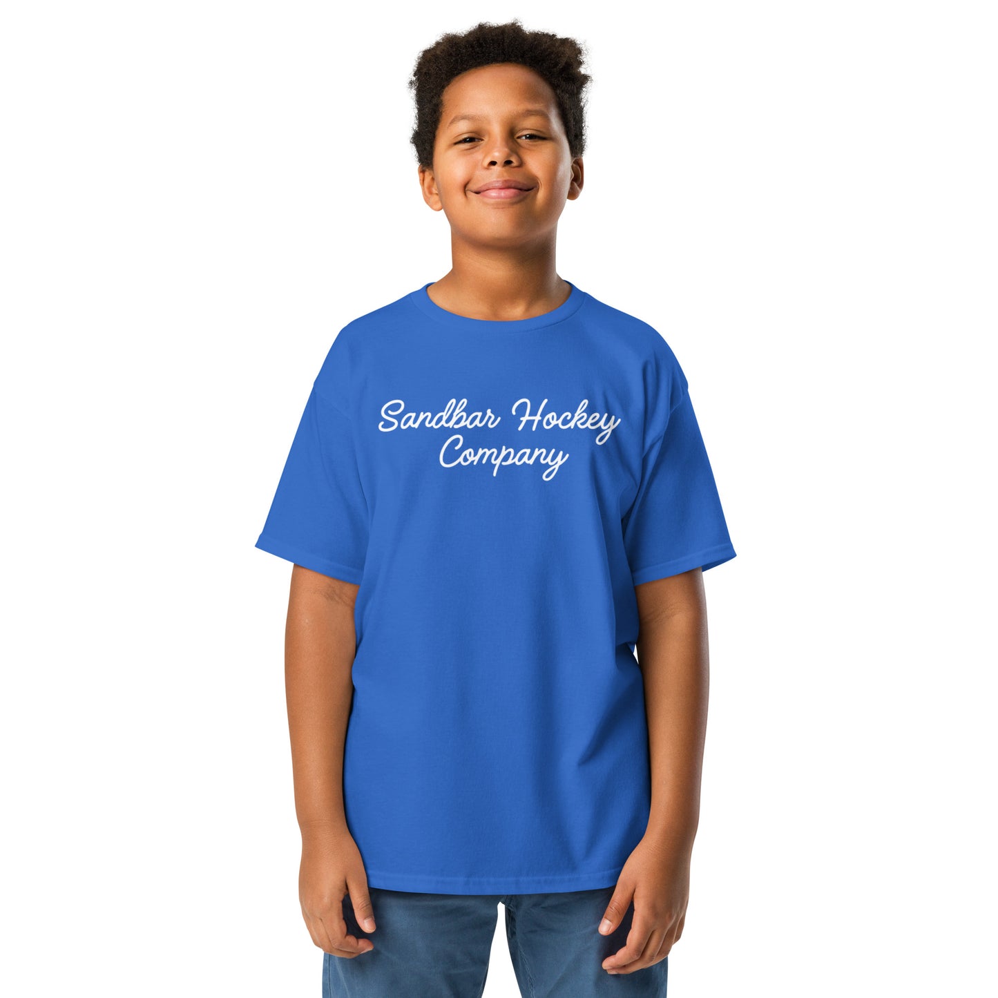 Royal blue youth T-shirt with “Sandbar Hockey Company” printed in white script across the front chest.