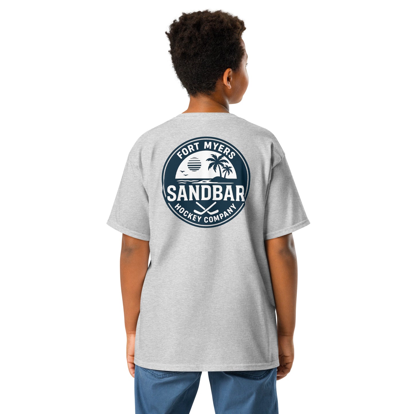 Grey Youth Fort Myers Sandbar Hockey T-shirt back view with large circular Fort Myers Sandbar Hockey Company graphic featuring palm trees, island, water, sunset, birds, and crossed hockey sticks