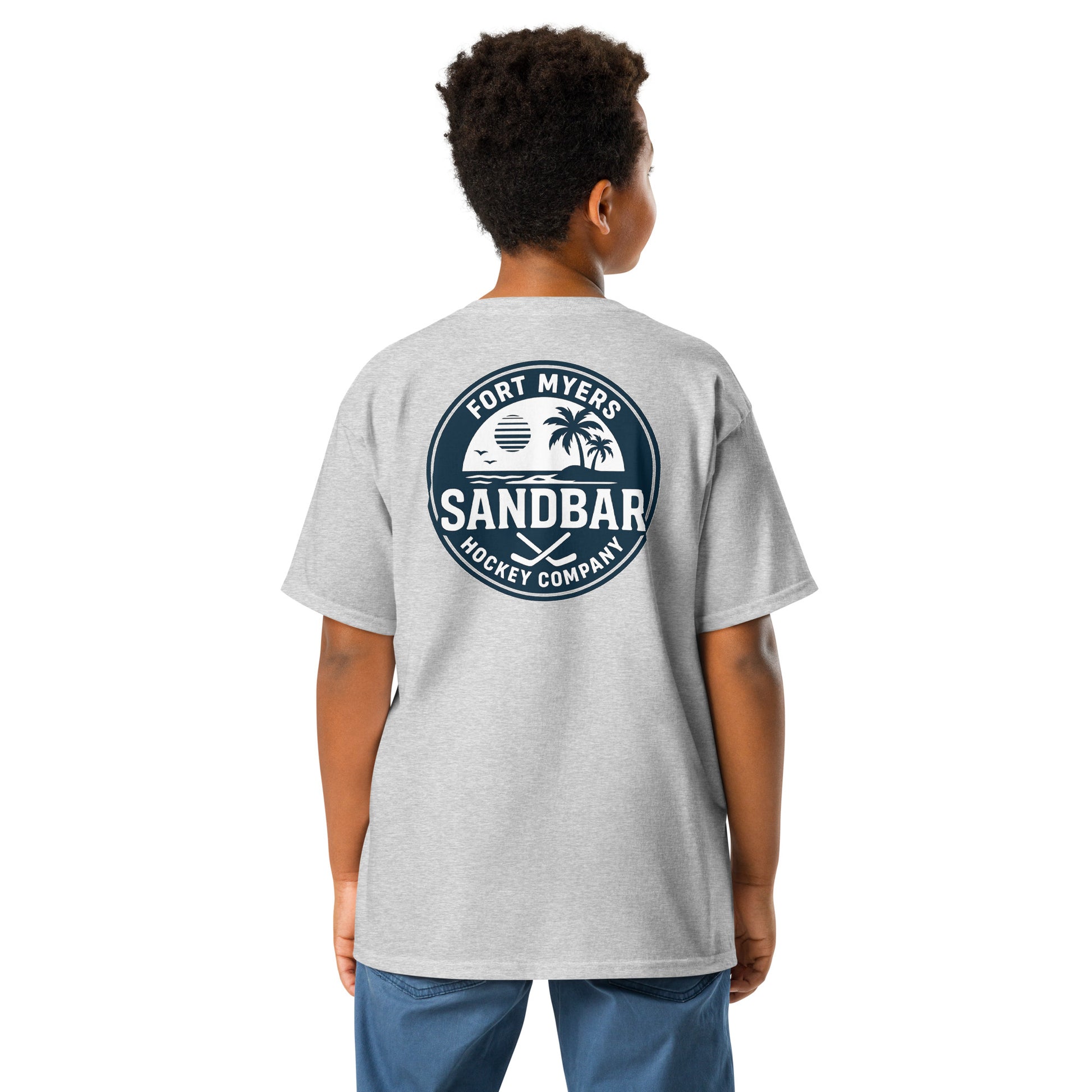 Grey Youth Fort Myers Sandbar Hockey T-shirt back view with large circular Fort Myers Sandbar Hockey Company graphic featuring palm trees, island, water, sunset, birds, and crossed hockey sticks