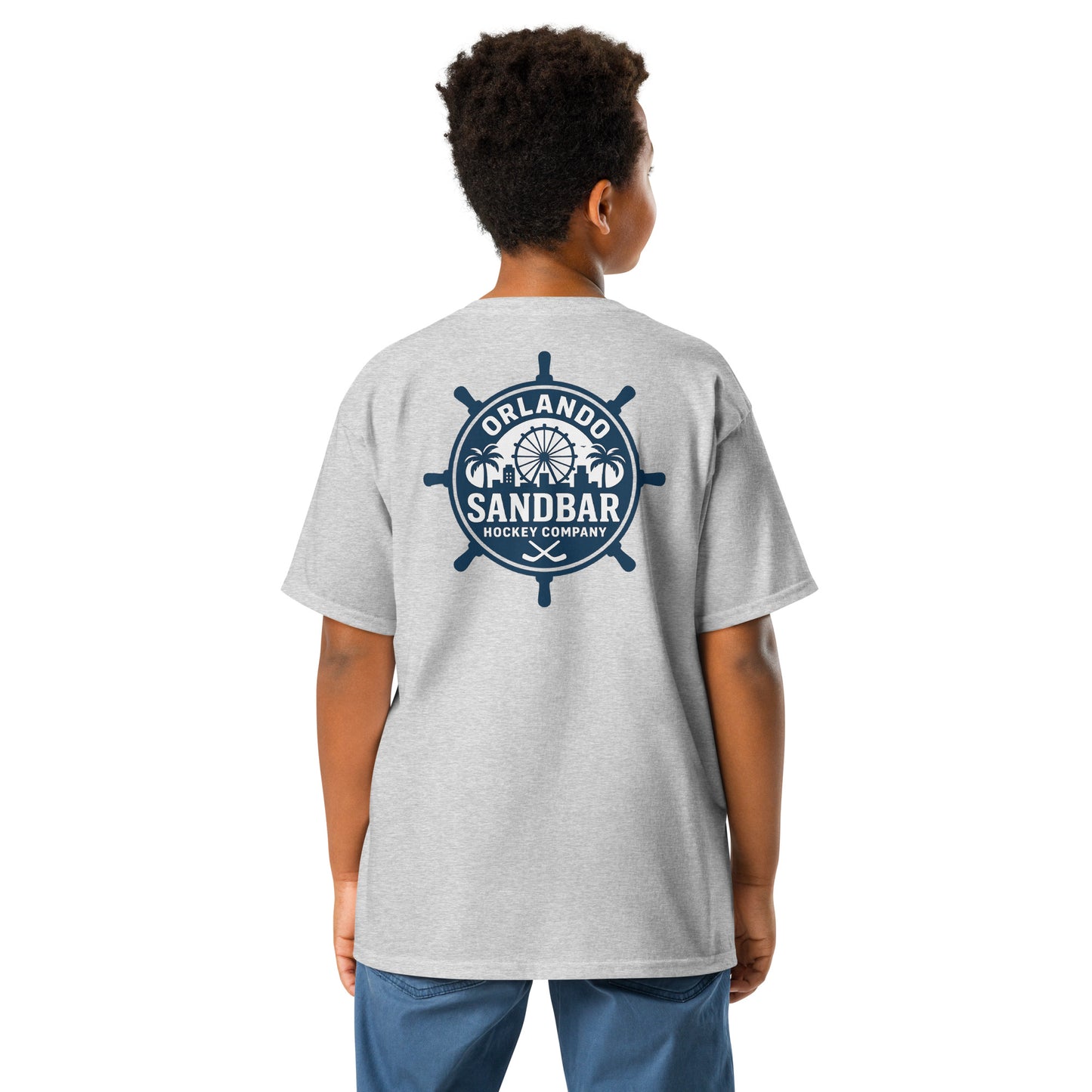 Grey Orlando Sandbar Hockey youth t-shirt back view with large ship wheel style Orlando Sandbar Hockey Company graphic featuring palm trees, skyline, Ferris wheel, and crossed hockey sticks