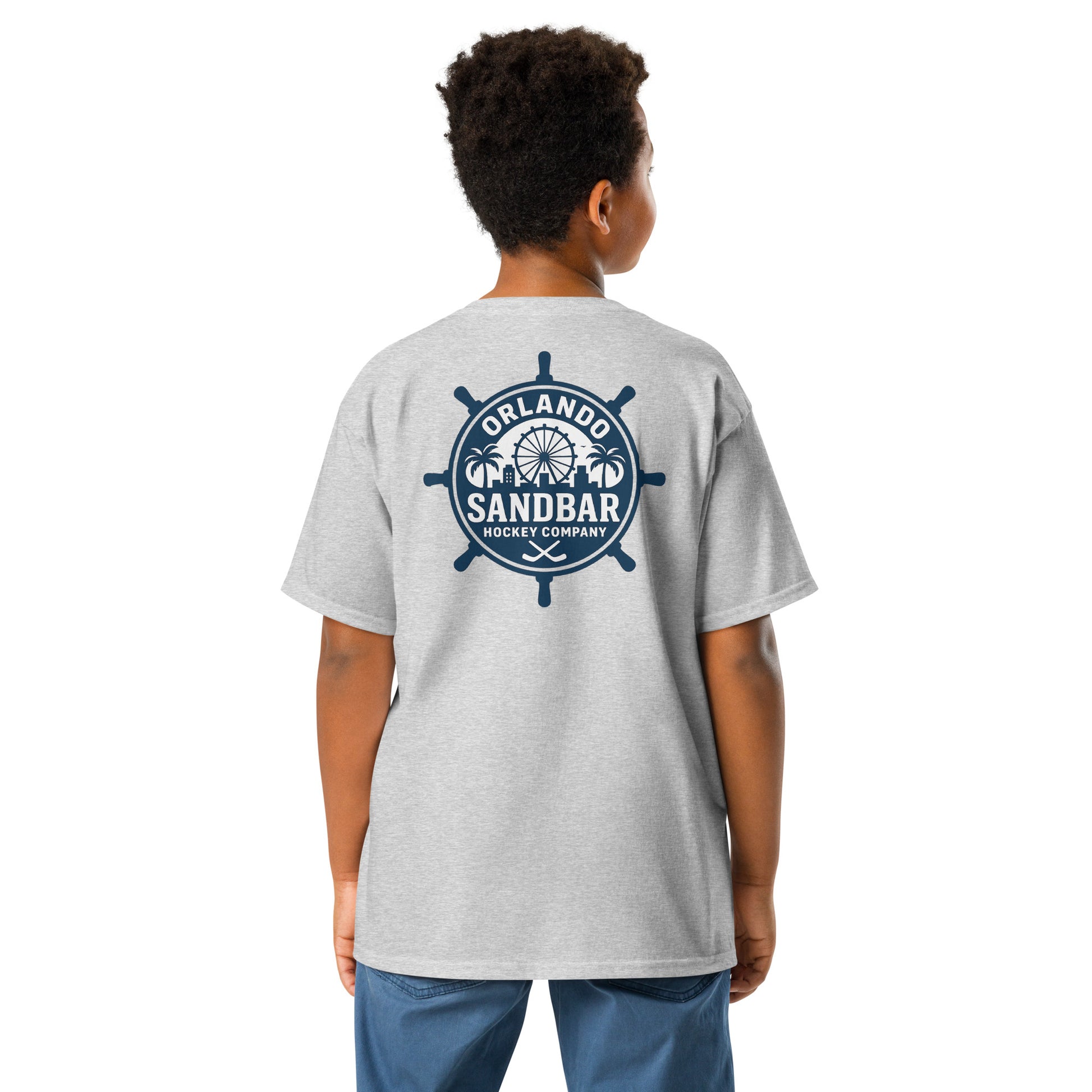 Grey Orlando Sandbar Hockey youth t-shirt back view with large ship wheel style Orlando Sandbar Hockey Company graphic featuring palm trees, skyline, Ferris wheel, and crossed hockey sticks