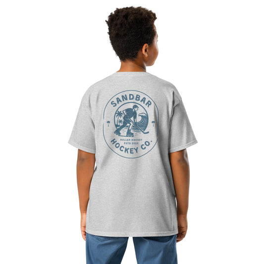 Youth Sandbar Hockey heather gray t-shirt back view with circular roller hockey beach graphic