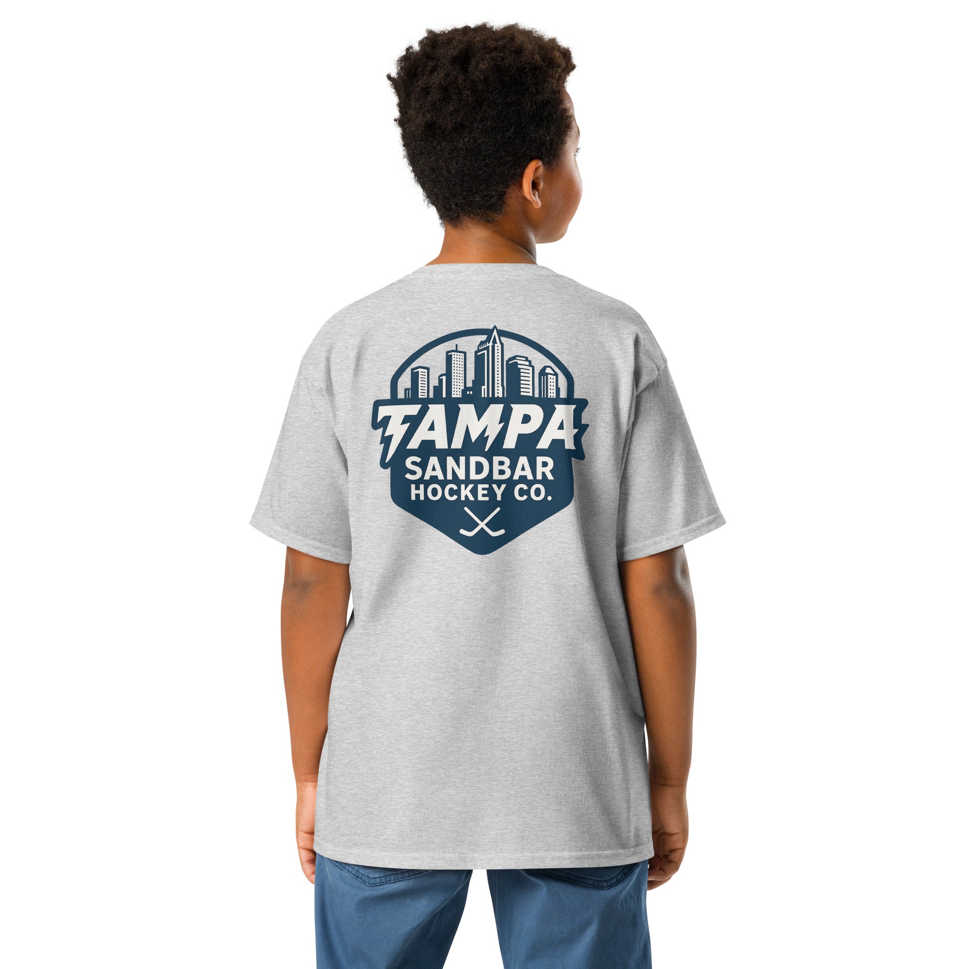 Youth Sandbar Hockey Tampa Skyline light gray t-shirt back view with large Tampa skyline hockey graphic