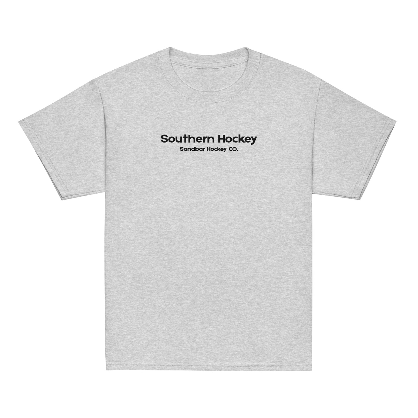 Heather gray youth southern hockey t-shirt front view with Southern Hockey Sandbar Hockey Co. text on the chest.