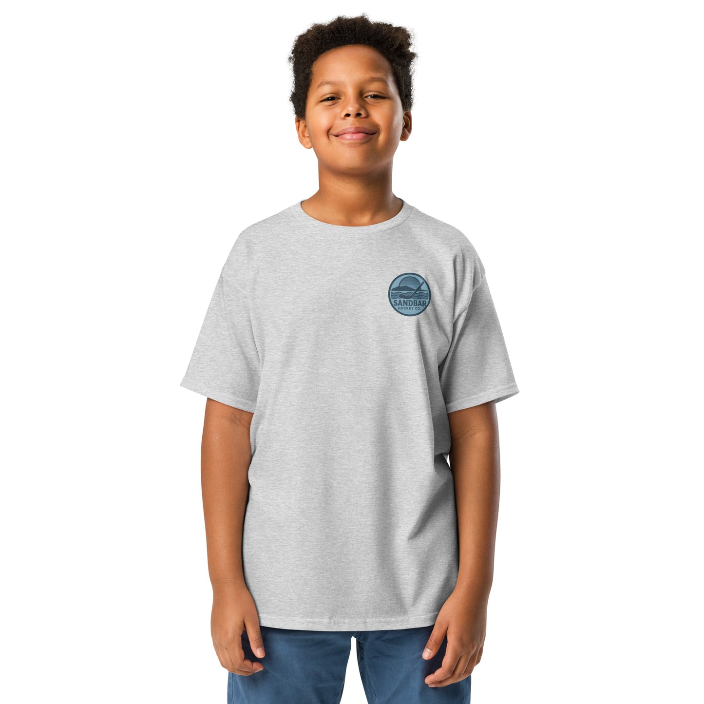 Youth Sandbar Hockey light gray t-shirt front view with small chest roller hockey logo