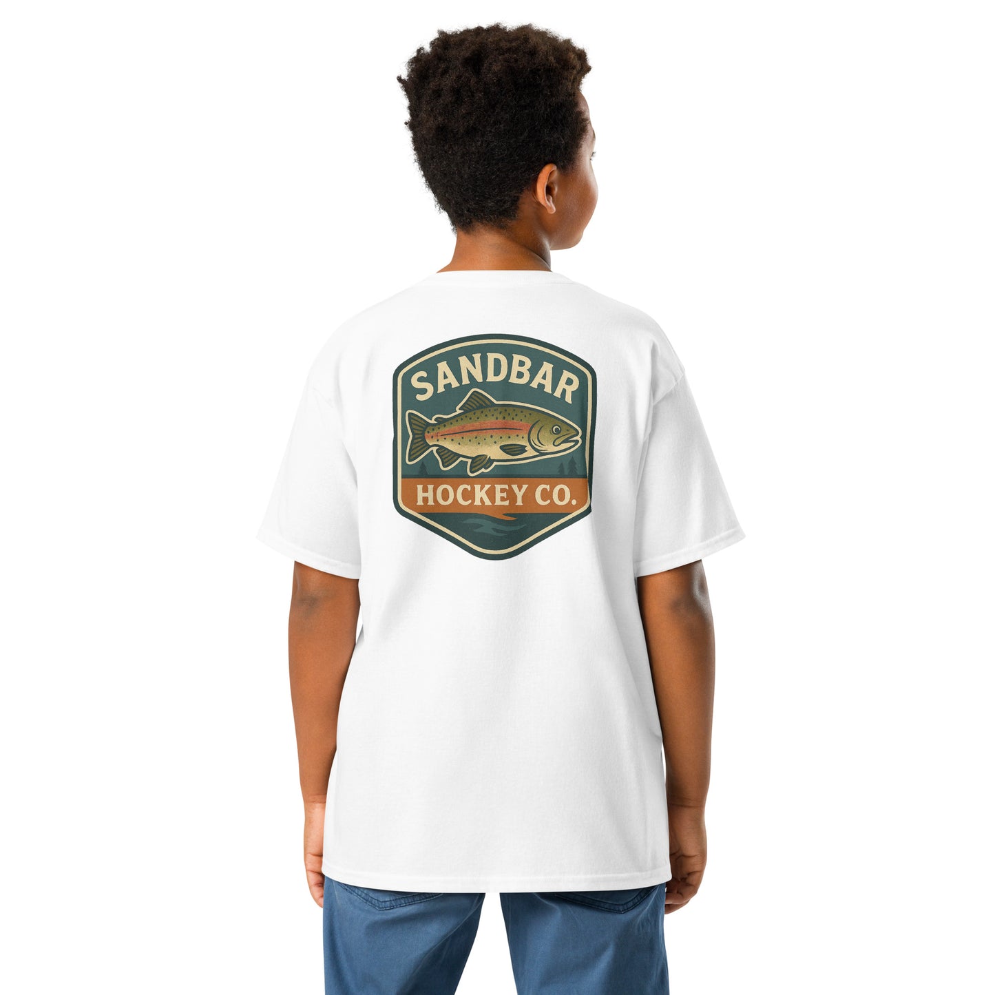 White youth hockey t-shirt back side on model with trout badge graphic and Sandbar Hockey Co. text
