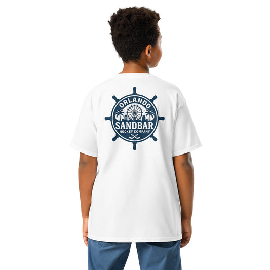 White Orlando Sandbar Hockey youth t-shirt back view with large ship wheel style Orlando Sandbar Hockey Company graphic featuring palm trees, skyline, Ferris wheel, and crossed hockey sticks