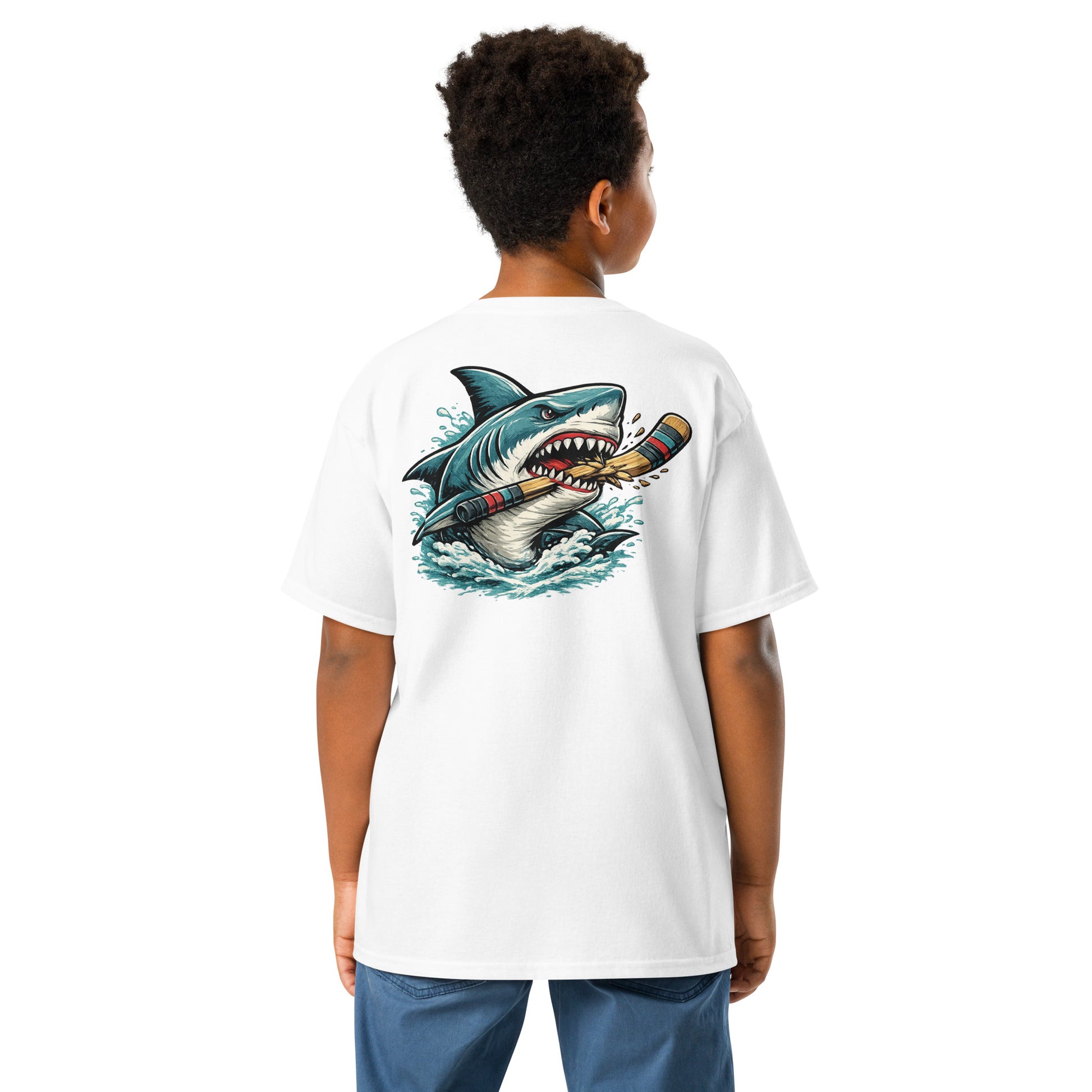 Youth White Shark Hockey T-Shirt Back