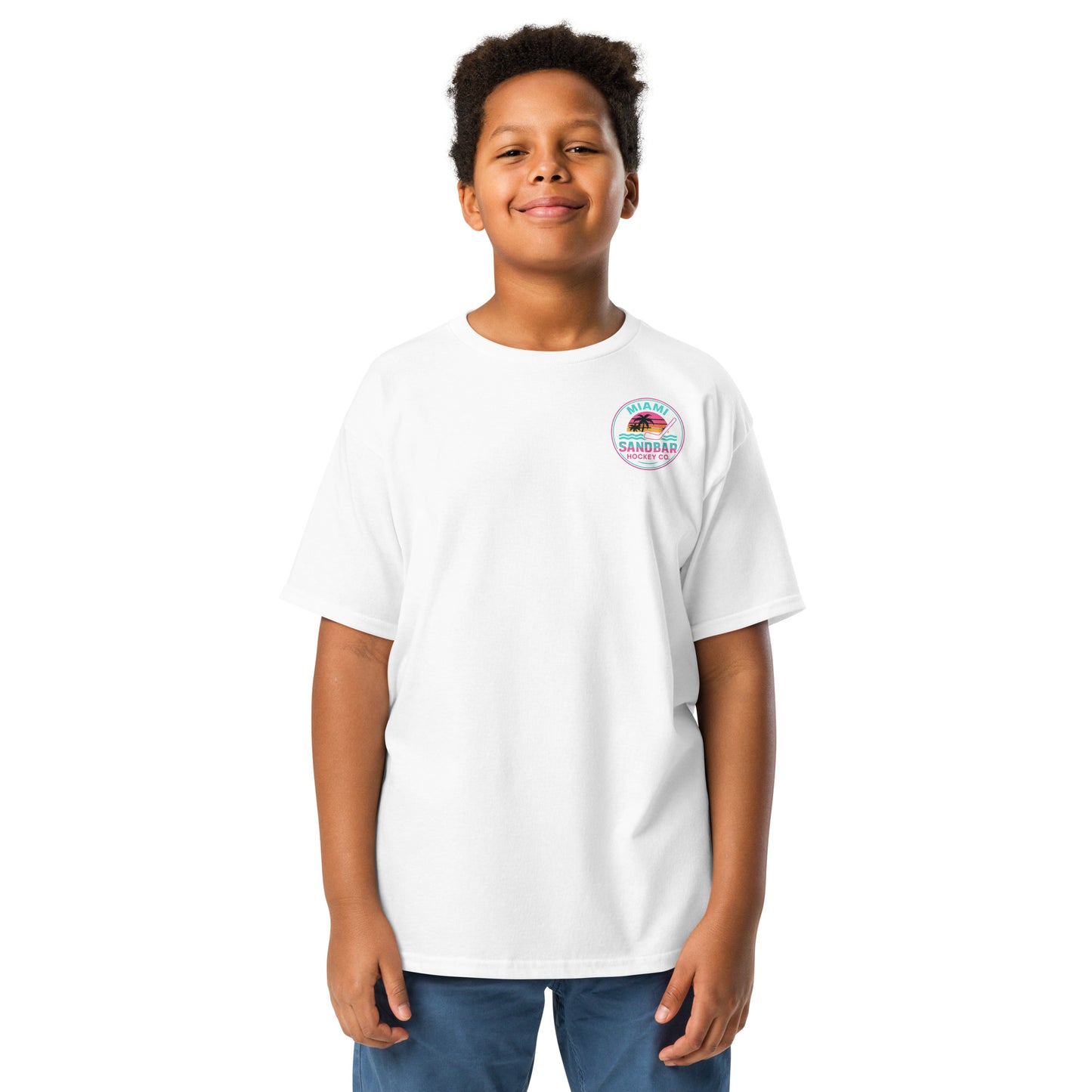 Youth white Miami Sandbar Hockey T-shirt front view with small circular Miami sunset hockey logo on left chest