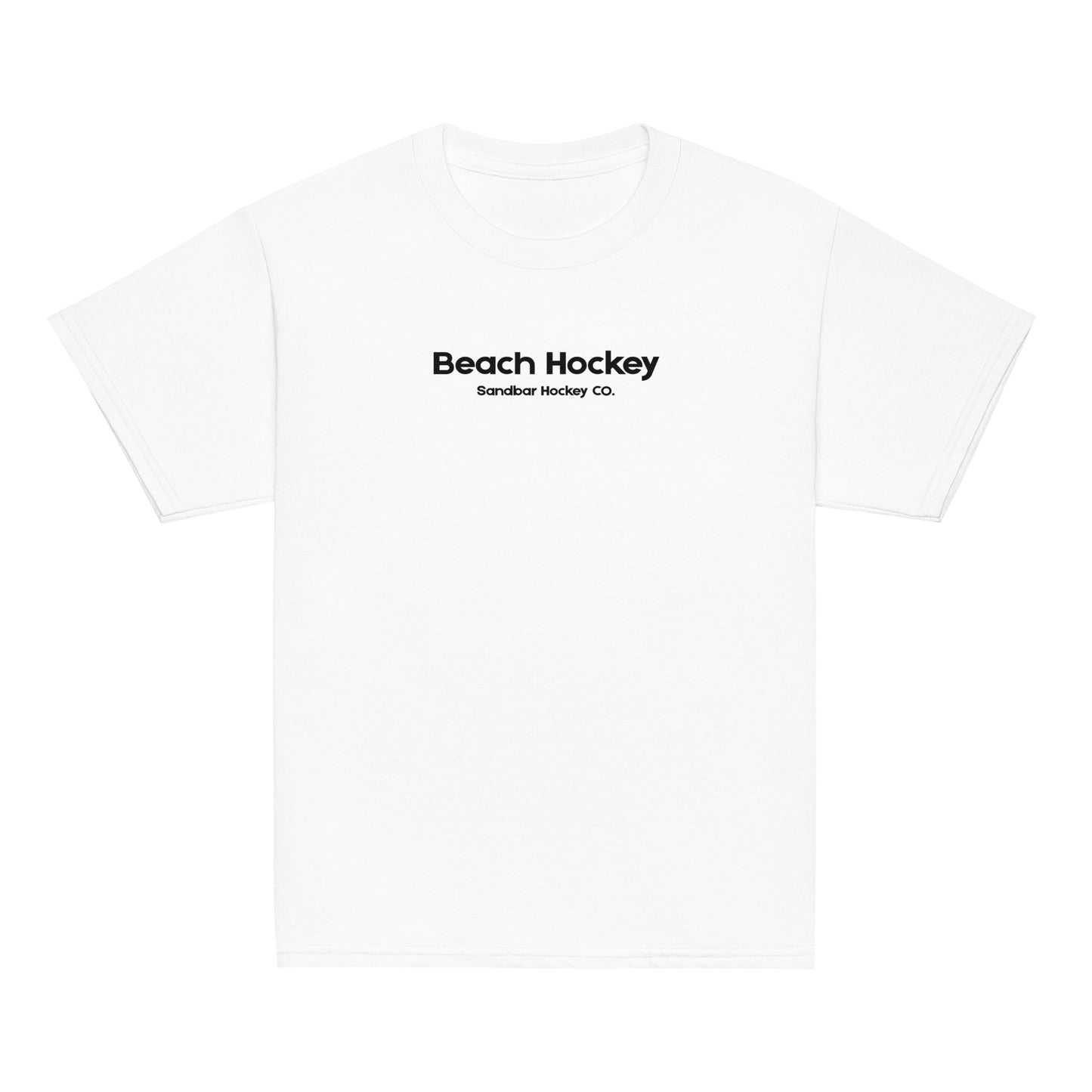 White youth beach hockey t-shirt front view with Beach Hockey Sandbar Hockey Co. text on the chest.
